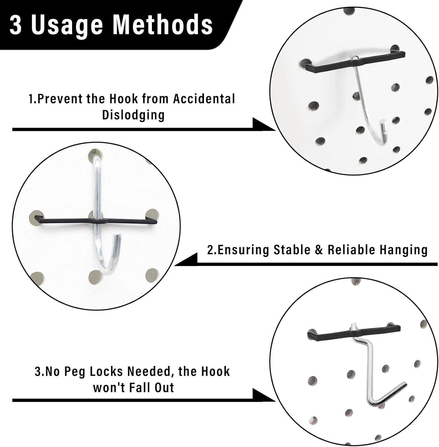 Black Peg Locks Plastic Pegboard Hook Locks Pegboard Display Hook Organizer Fixer Peg Board Hook Clip Retainers Pegboard Hook Organizer for Standard 1/4