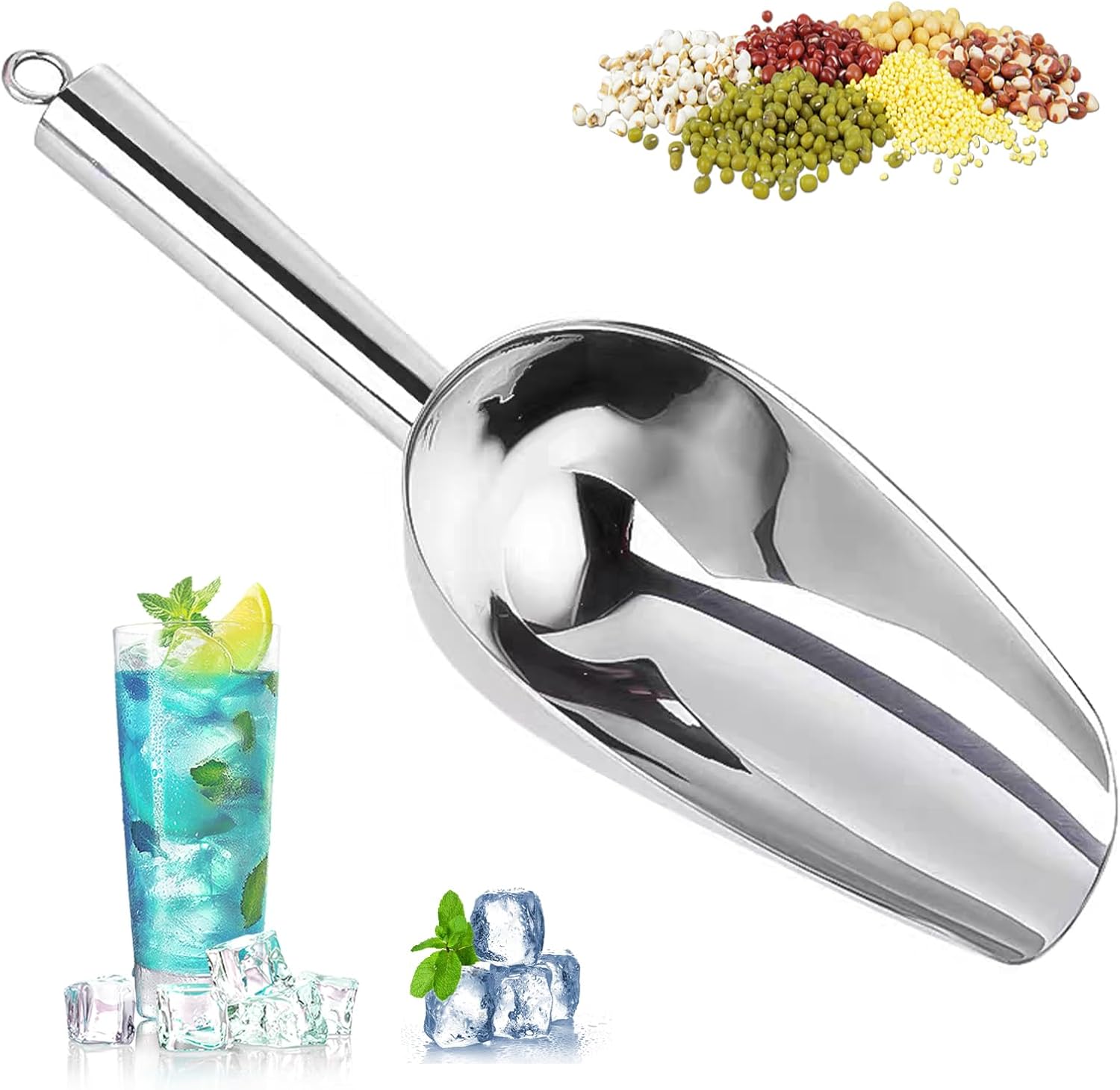 6oz Metal Ice Scoop, Kitchen Ice Scooper for Ice Maker s and Freezer, Stainless Steel Small Ice Scooper for Bar Party Wedding Pet Dog Food, Silver - Image 1