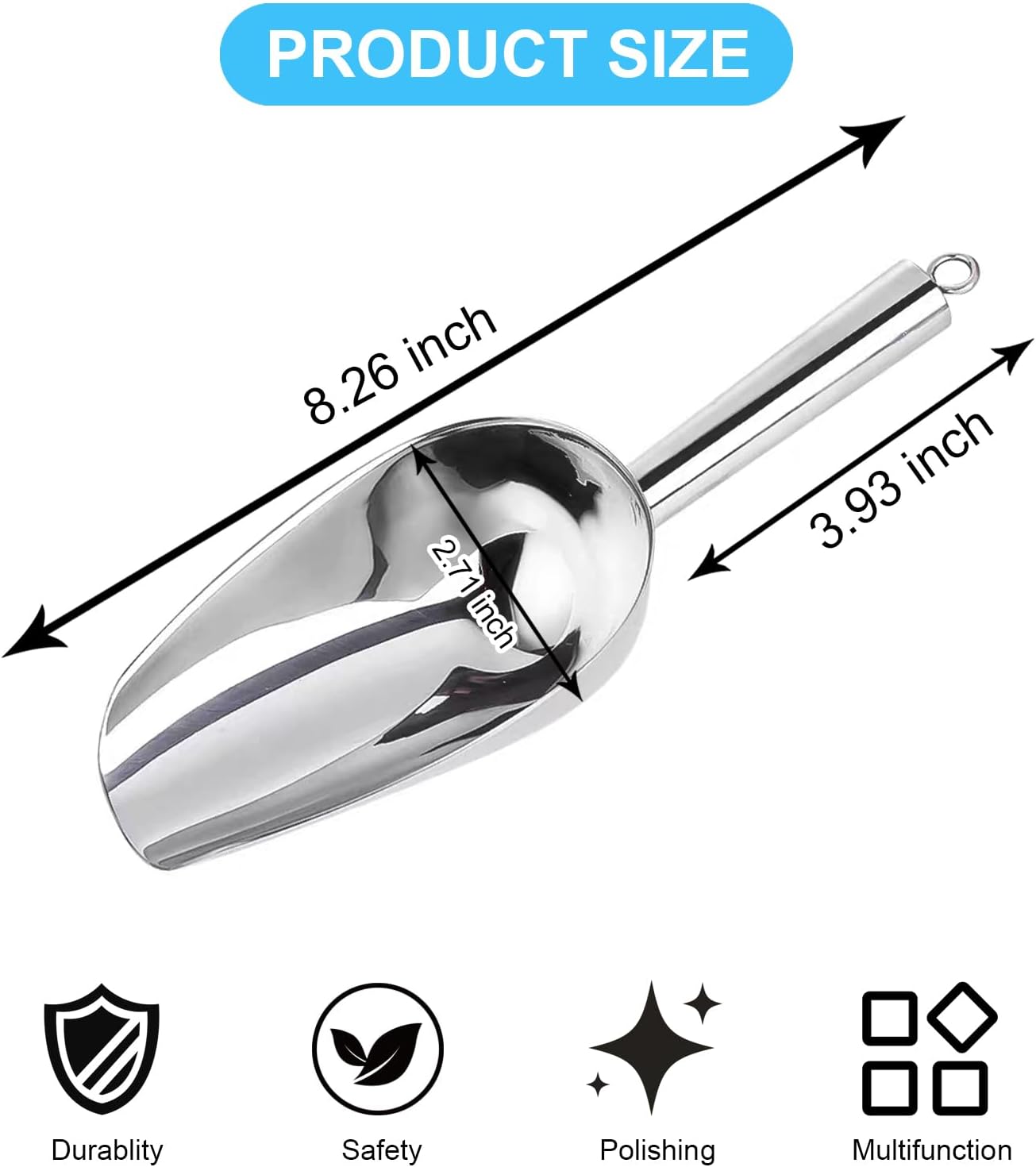 6oz Metal Ice Scoop, Kitchen Ice Scooper for Ice Maker s and Freezer, Stainless Steel Small Ice Scooper for Bar Party Wedding Pet Dog Food, Silver - Image 2