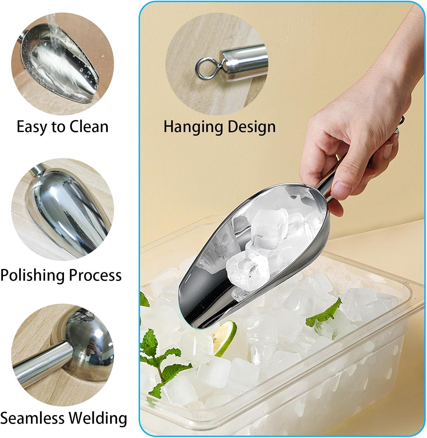 6oz Metal Ice Scoop, Kitchen Ice Scooper for Ice Maker s and Freezer, Stainless Steel Small Ice Scooper for Bar Party Wedding Pet Dog Food, Silver - Image 3