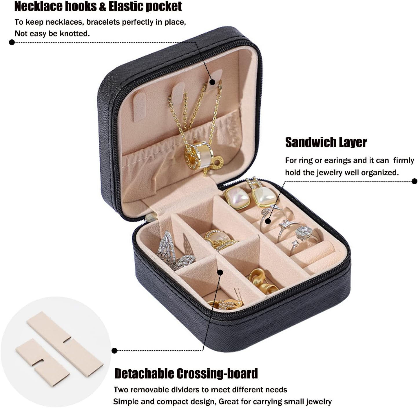 MODENGKGJIAN Mini Jewelry Travel Case, PU Leather Travel Jewelry Organizer Box, Small Portable Portable Jewellery Storage Holder for Womens Rings Earrings Necklaces Bracelets (Black) - Image 2