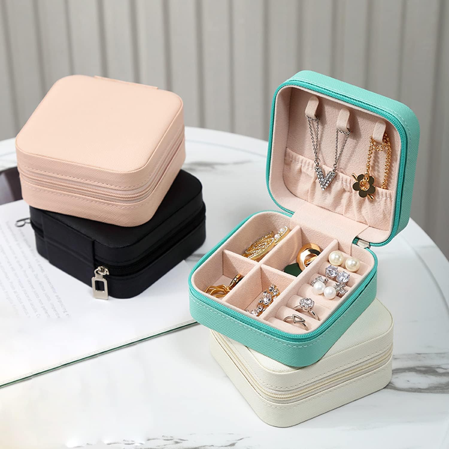 MODENGKGJIAN Mini Jewelry Travel Case, PU Leather Travel Jewelry Organizer Box, Small Portable Portable Jewellery Storage Holder for Womens Rings Earrings Necklaces Bracelets (Black) - Image 7