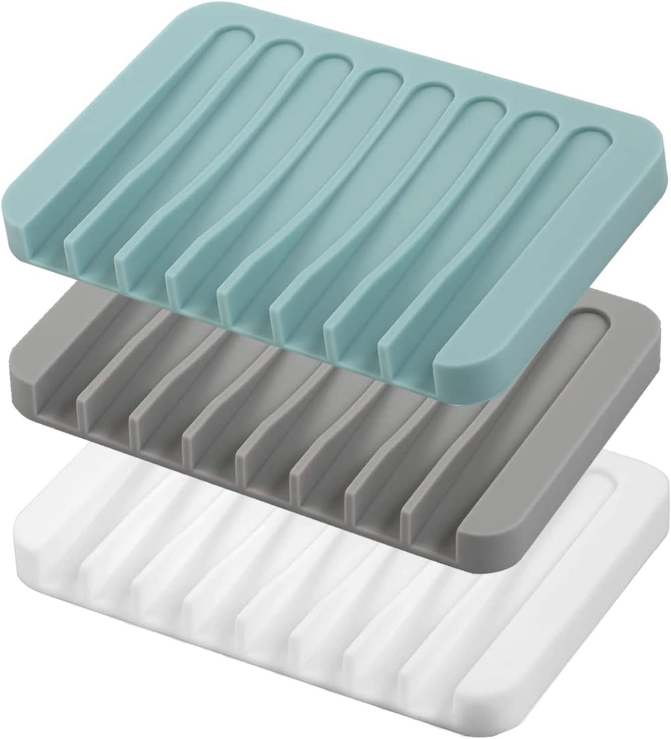 Self Draining Soap Dishes, 3 Pcs Silice Soap Saver, Waterfall Drainer Soap Holder for Bathroom, Extend Soap Life, Keep Soap Bars Dry Clean & Easy Cleaning (White, Gray, Teal) - Image 1