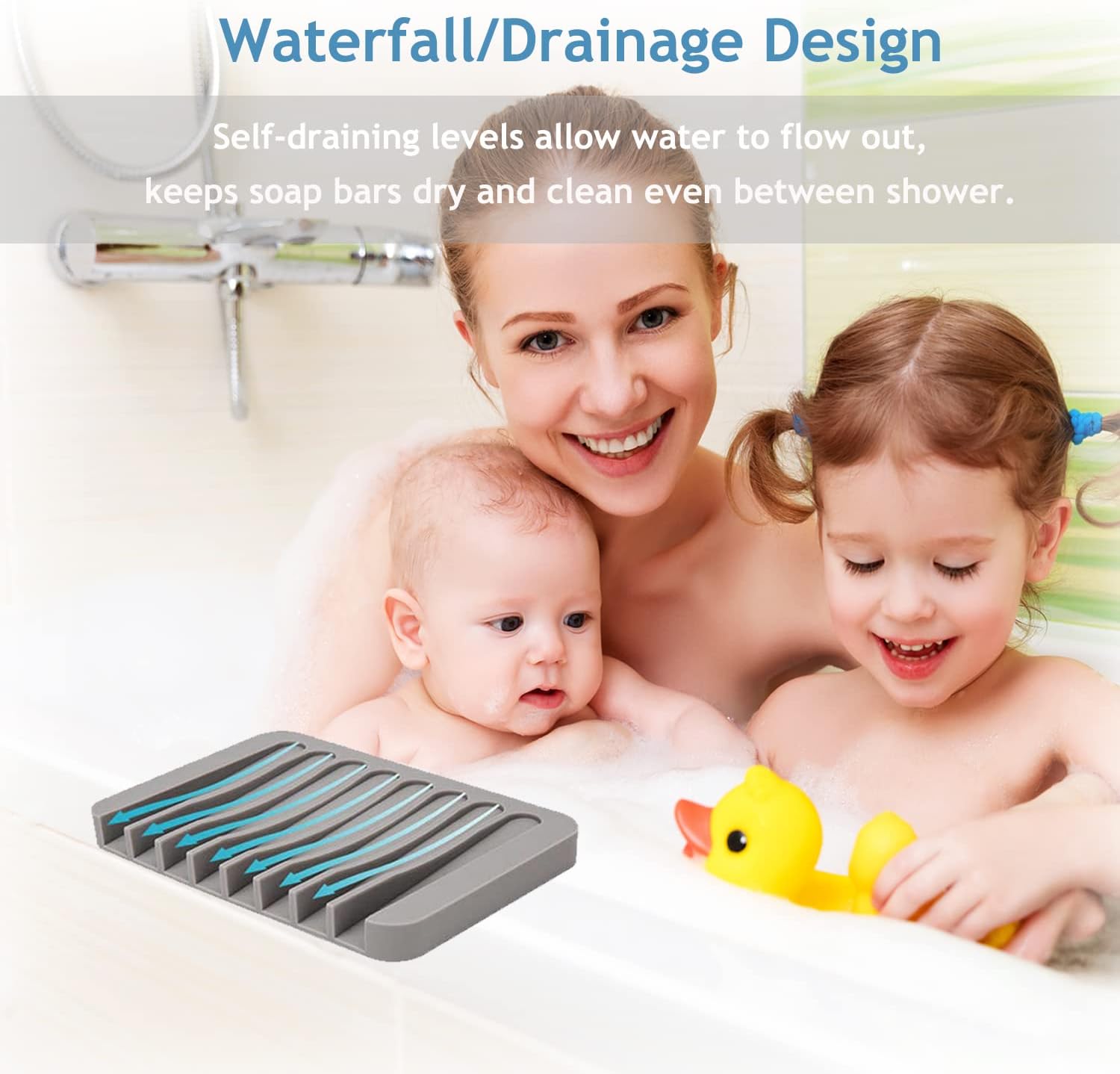 Self Draining Soap Dishes, 3 Pcs Silice Soap Saver, Waterfall Drainer Soap Holder for Bathroom, Extend Soap Life, Keep Soap Bars Dry Clean & Easy Cleaning (White, Gray, Teal) - Image 5
