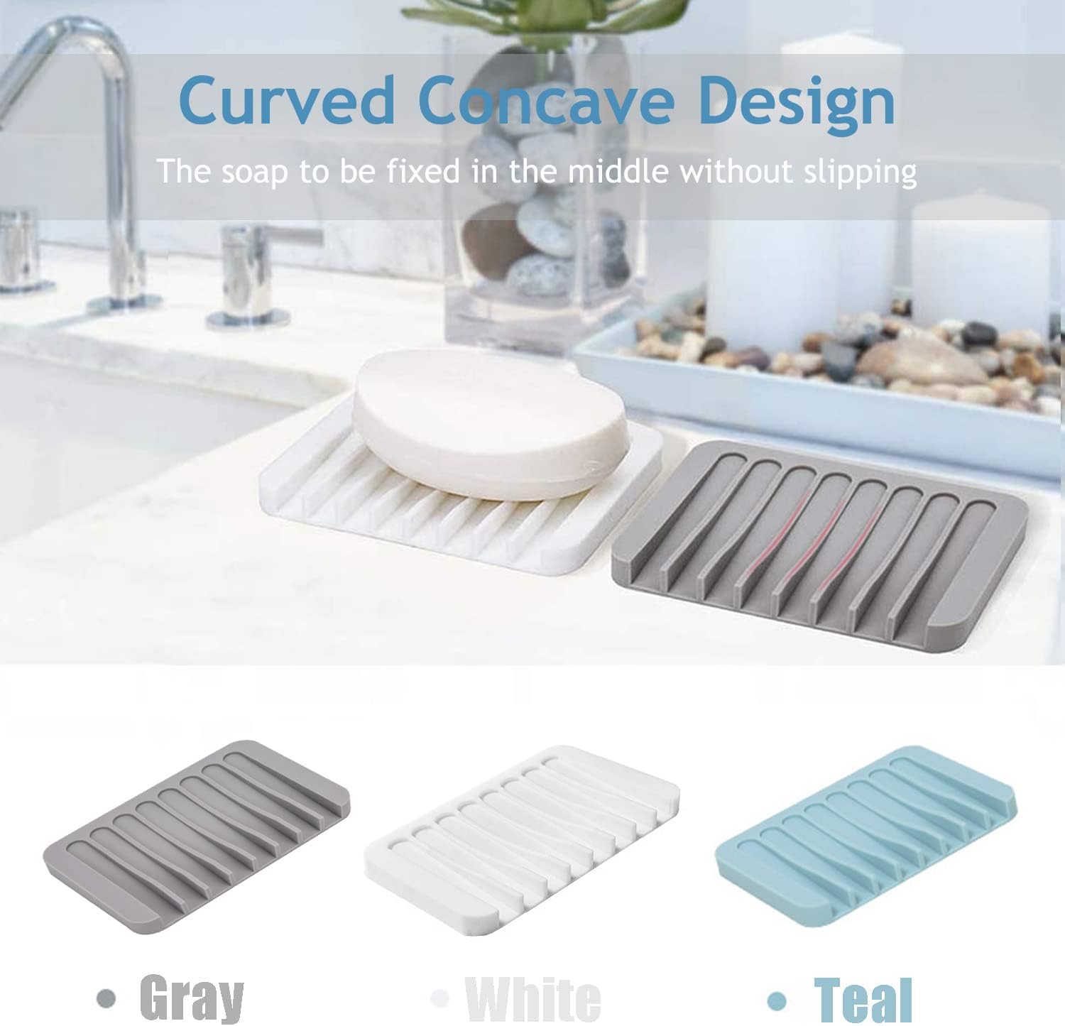 Self Draining Soap Dishes, 3 Pcs Silice Soap Saver, Waterfall Drainer Soap Holder for Bathroom, Extend Soap Life, Keep Soap Bars Dry Clean & Easy Cleaning (White, Gray, Teal) - Image 6