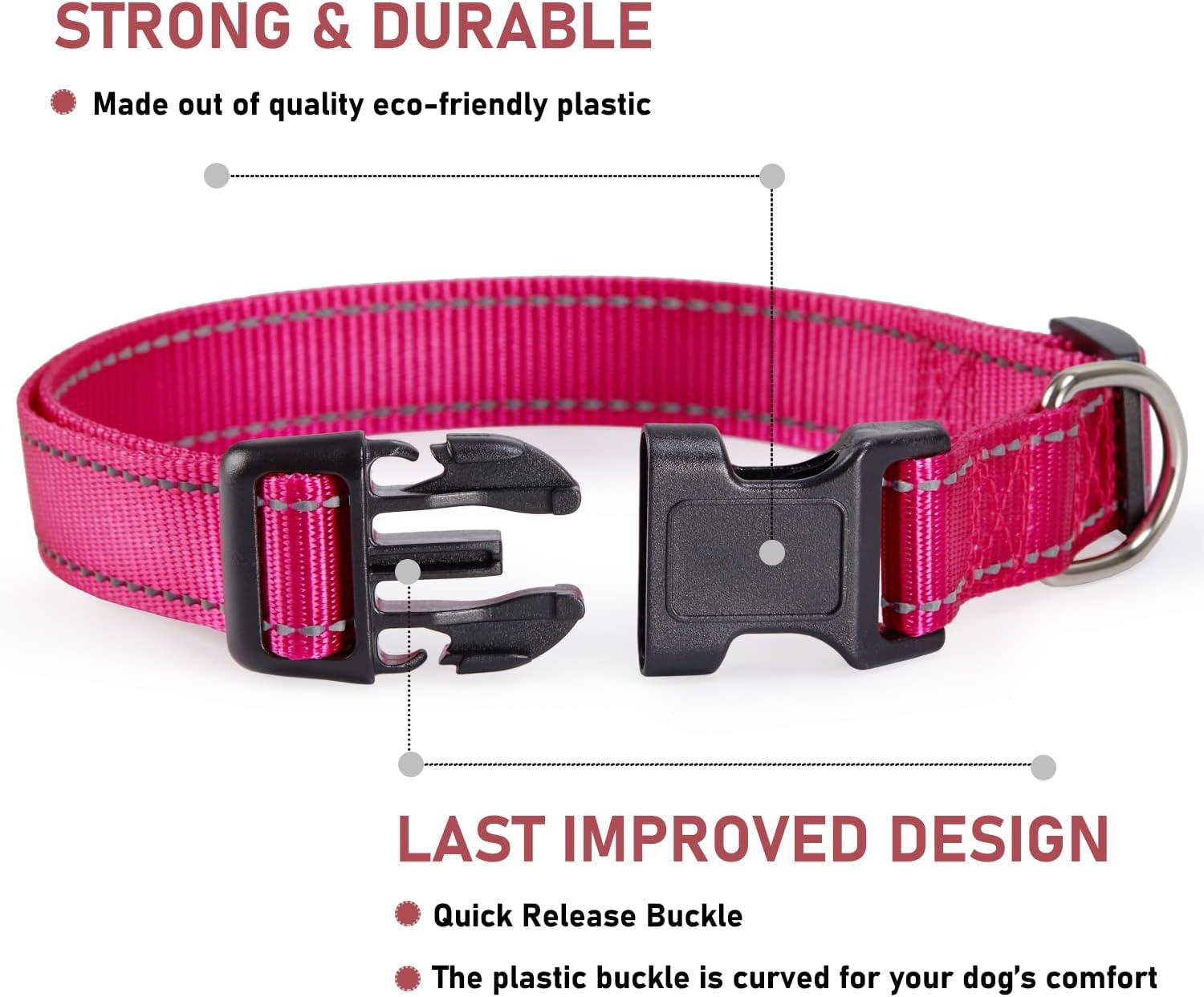 Reflective Dog Collar with Buckle Adjustable Safety Nyl Collars for Small Medium Large Dogs, Pink S - Image 2