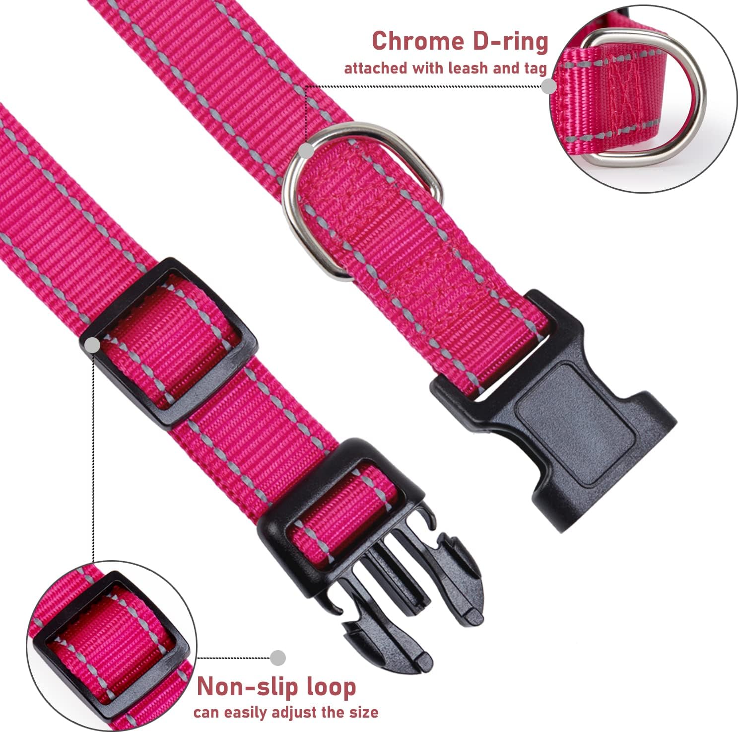 Reflective Dog Collar with Buckle Adjustable Safety Nyl Collars for Small Medium Large Dogs, Pink S - Image 3
