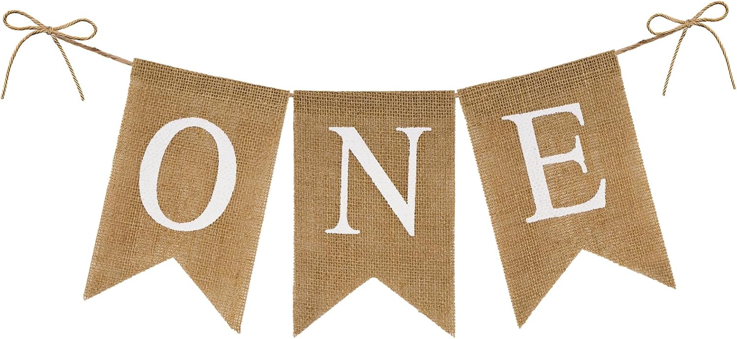 Burlap One Banner - NO DIY One Highchair Banner First Birthday Boy Girl Banner Sign Decoration 1st Happy Birthday High Chair Banners for Babies Photo Prop Party Decoration Indoor Outdoor - Image 1