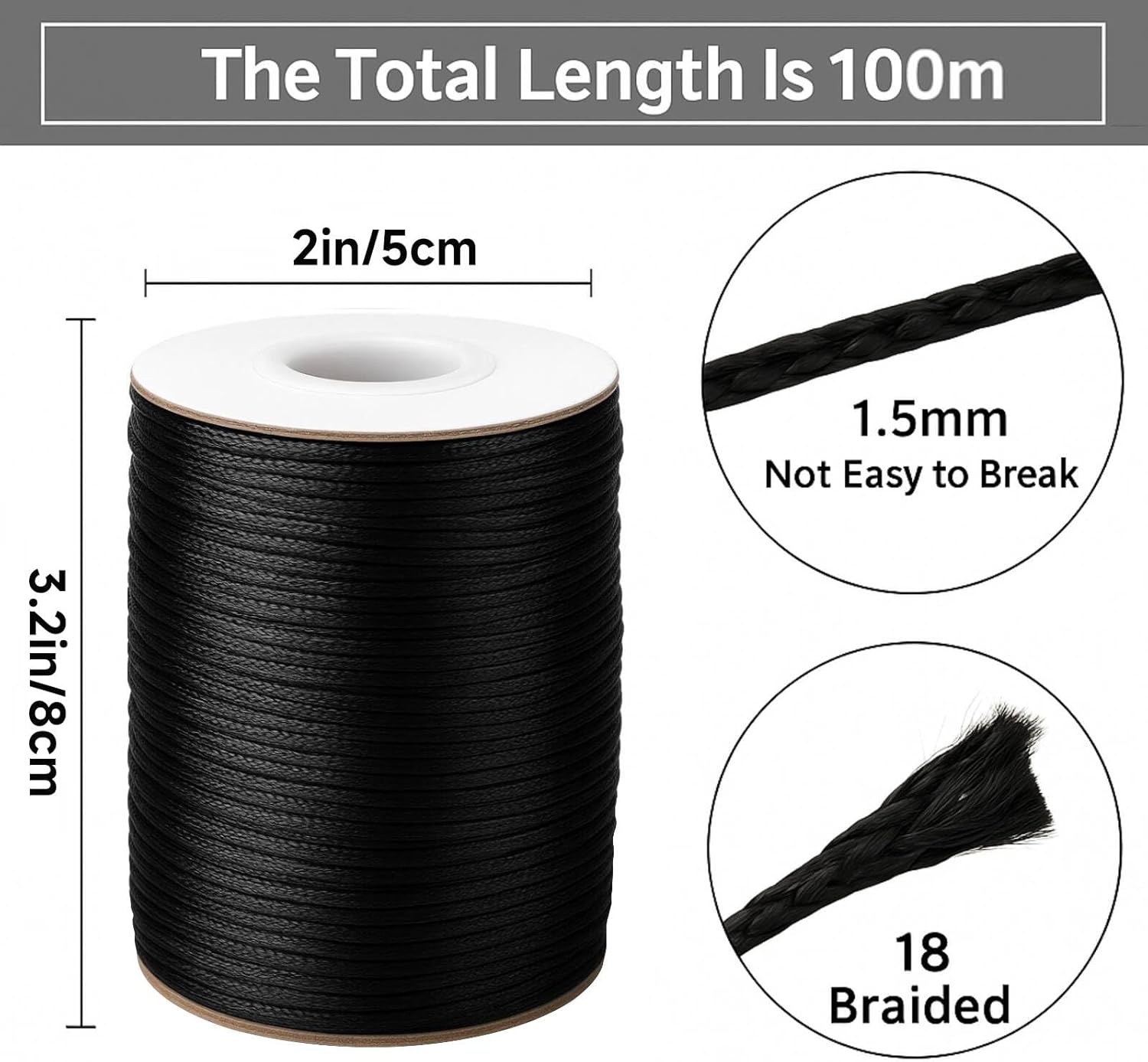 1.5MM Black Nylon String - 110Yards Wind Chime String Weather Resistant Nylon Cord Black Nylon Bracelets String Beading Thread Macrame Trim Cord for Necklace Jewelry Making Craft Halloween - Image 2