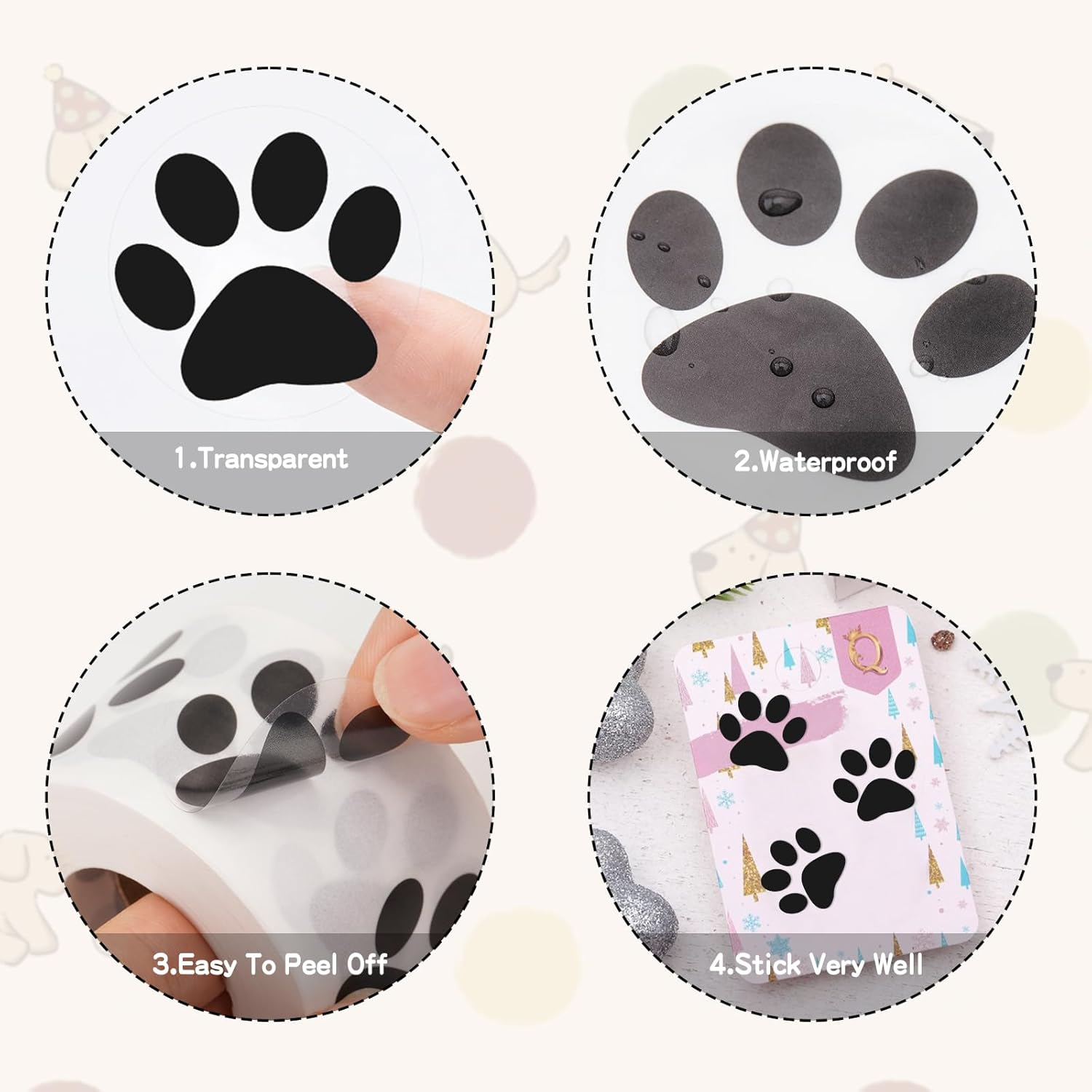 Paw Stickers - Paw Prints Stickers 500Pcs 1.5Inch Puppy Dog Bear Paw Prints Sticker Self Adhesive Clear & Black Paw Patrol Sticker Roll for Birthday Party Envelope Seal Card Gift Packaging - Image 3