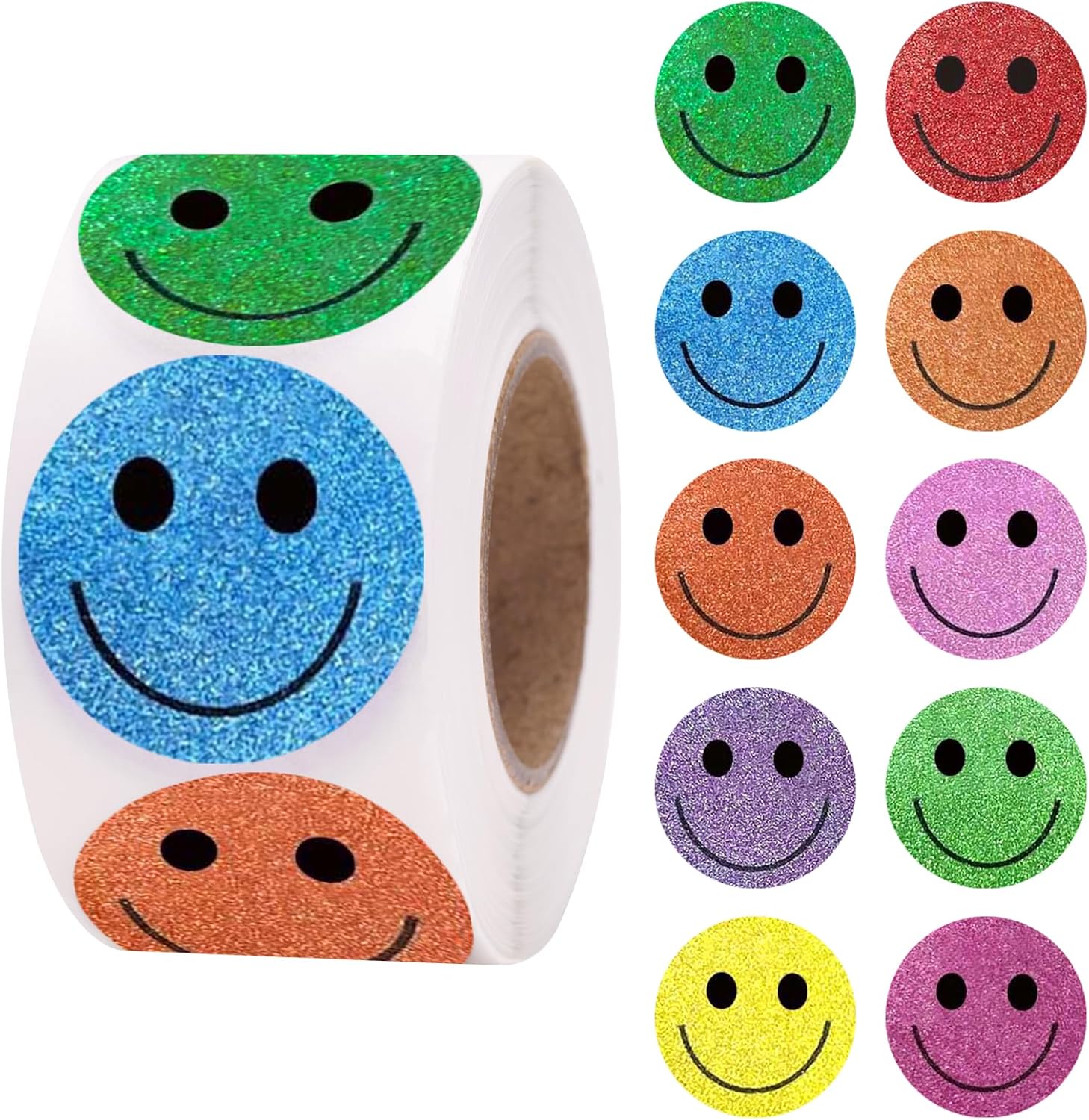 Smiley Face Stickers - Happy Face Stickers 500Pcs 1Inch Glitter Smiley Sticker Roll Cute Reward Sticker for Kids Classroom Self Adhesive Positive Incentive Labels for Teacher Behavior Chart - Image 1