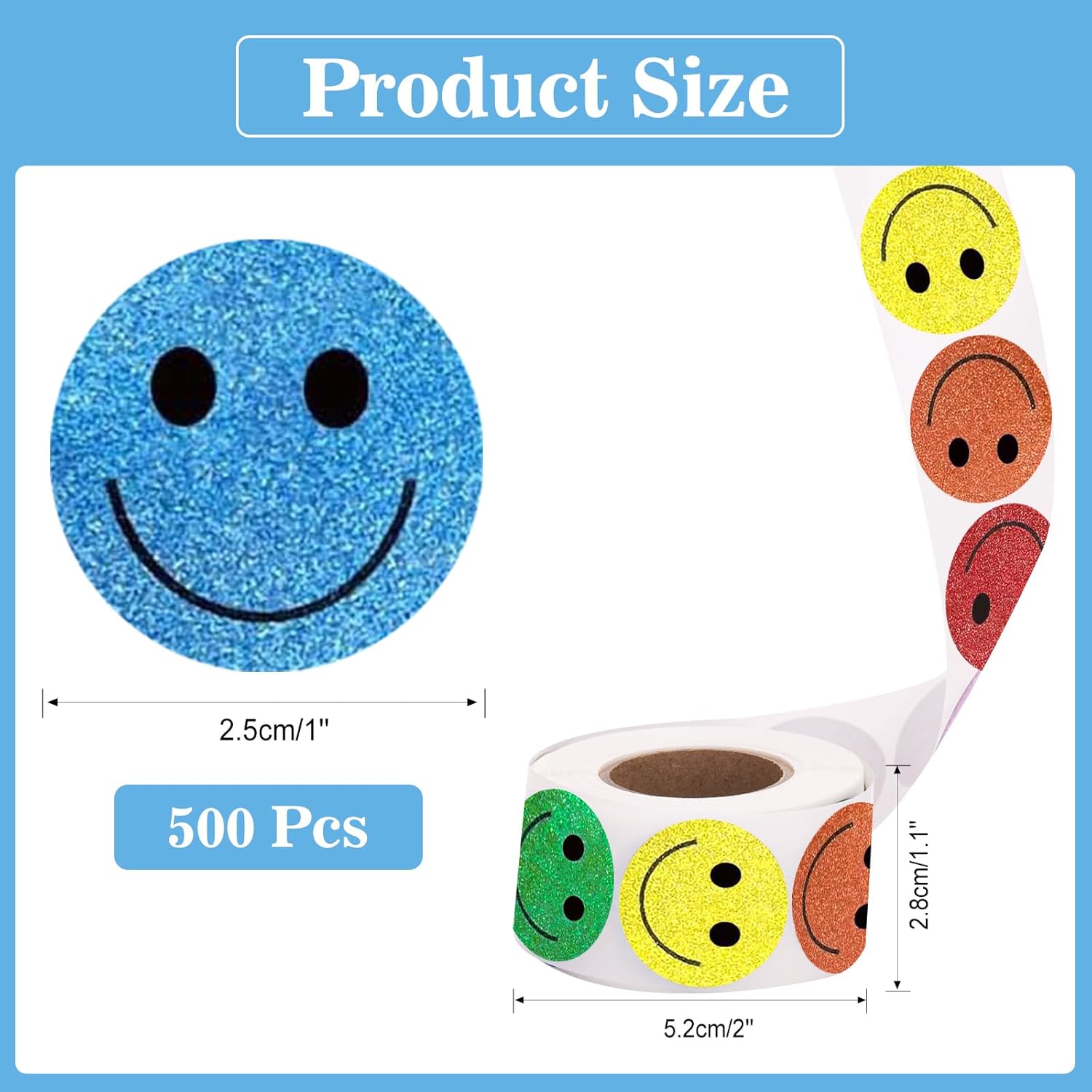Smiley Face Stickers - Happy Face Stickers 500Pcs 1Inch Glitter Smiley Sticker Roll Cute Reward Sticker for Kids Classroom Self Adhesive Positive Incentive Labels for Teacher Behavior Chart - Image 2