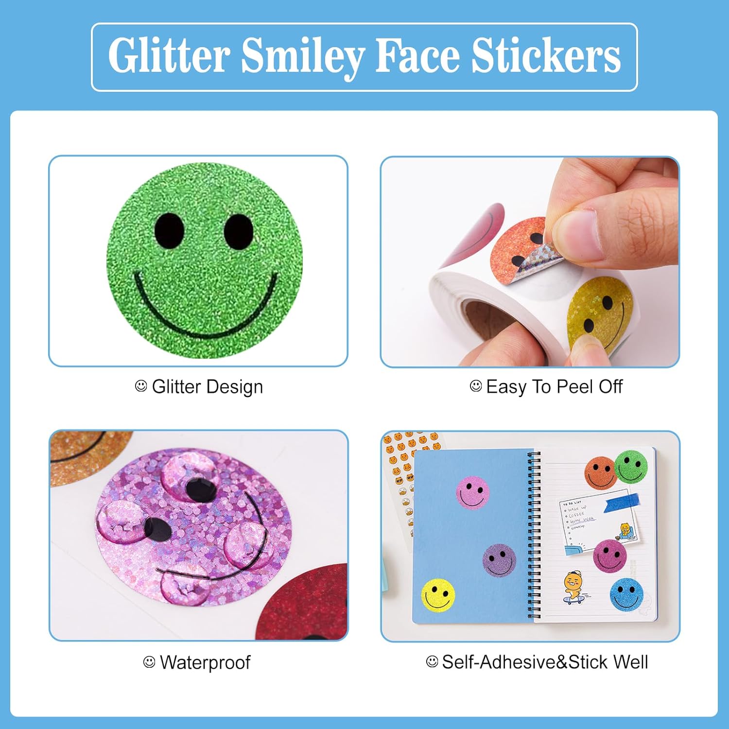 Smiley Face Stickers - Happy Face Stickers 500Pcs 1Inch Glitter Smiley Sticker Roll Cute Reward Sticker for Kids Classroom Self Adhesive Positive Incentive Labels for Teacher Behavior Chart - Image 3