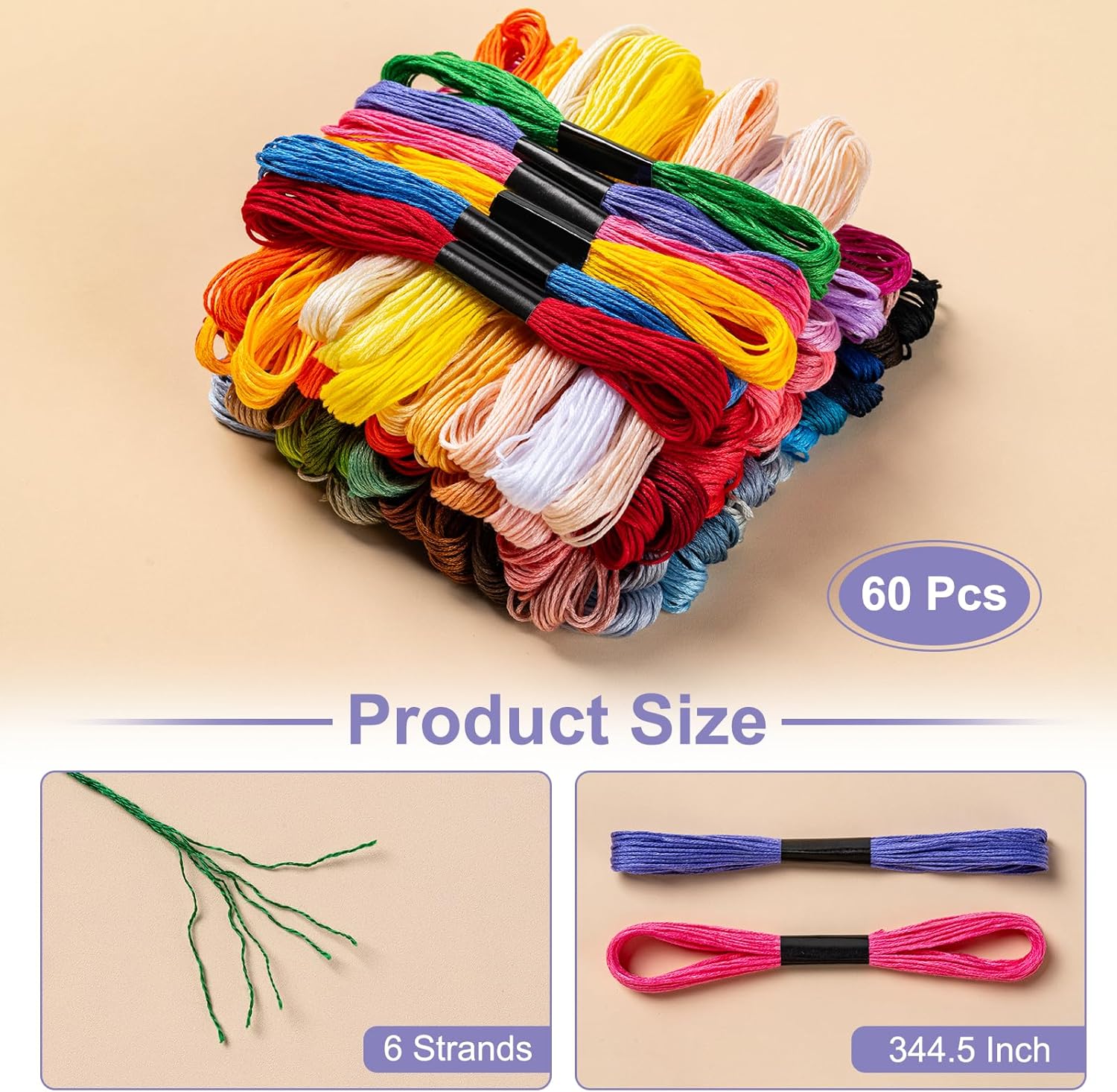 Friendship Bracelet String, 60 Skeins Cross Stitch Thread, 344.5 Inch Cotton Embroidery Floss, Hand Embroidery Thread for DIY Sewing and Embroidery Crafts Making - Image 2