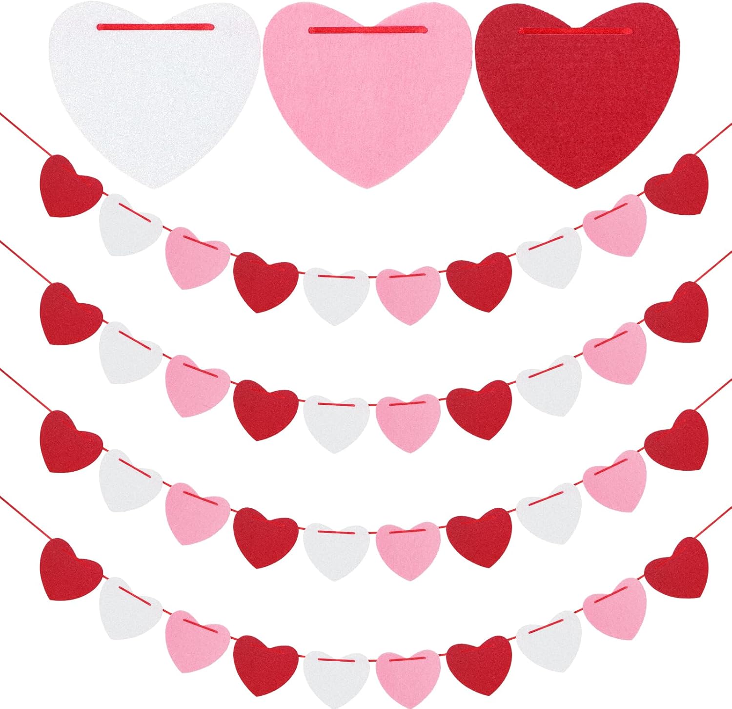 4Pack Heart Felt Garland - NO DIY Happy Valentines Day Decoration Red Pink White Felt Heart Hanging Garland Banner Galentines Day Decoration for Anniversary Birthday Wedding Party Decorations - Image 1