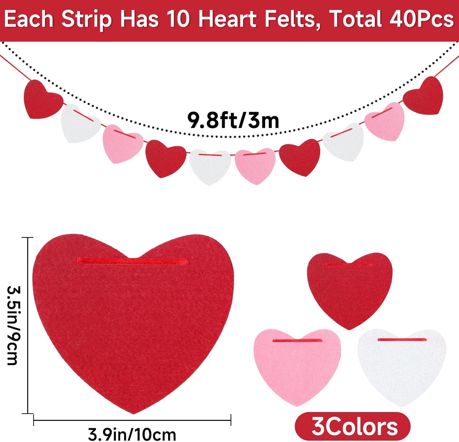 4Pack Heart Felt Garland - NO DIY Happy Valentines Day Decoration Red Pink White Felt Heart Hanging Garland Banner Galentines Day Decoration for Anniversary Birthday Wedding Party Decorations - Image 2