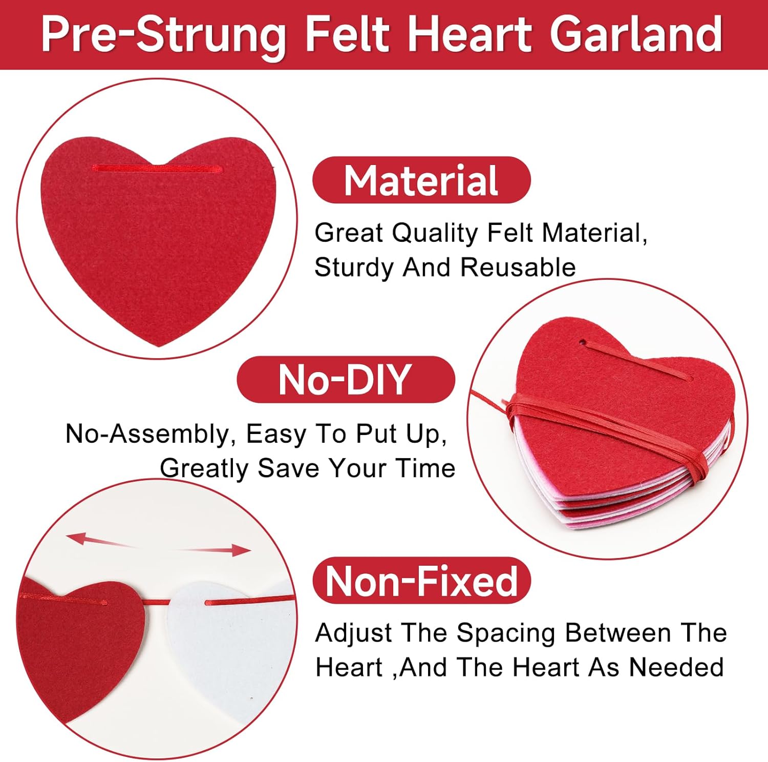 4Pack Heart Felt Garland - NO DIY Happy Valentines Day Decoration Red Pink White Felt Heart Hanging Garland Banner Galentines Day Decoration for Anniversary Birthday Wedding Party Decorations - Image 3