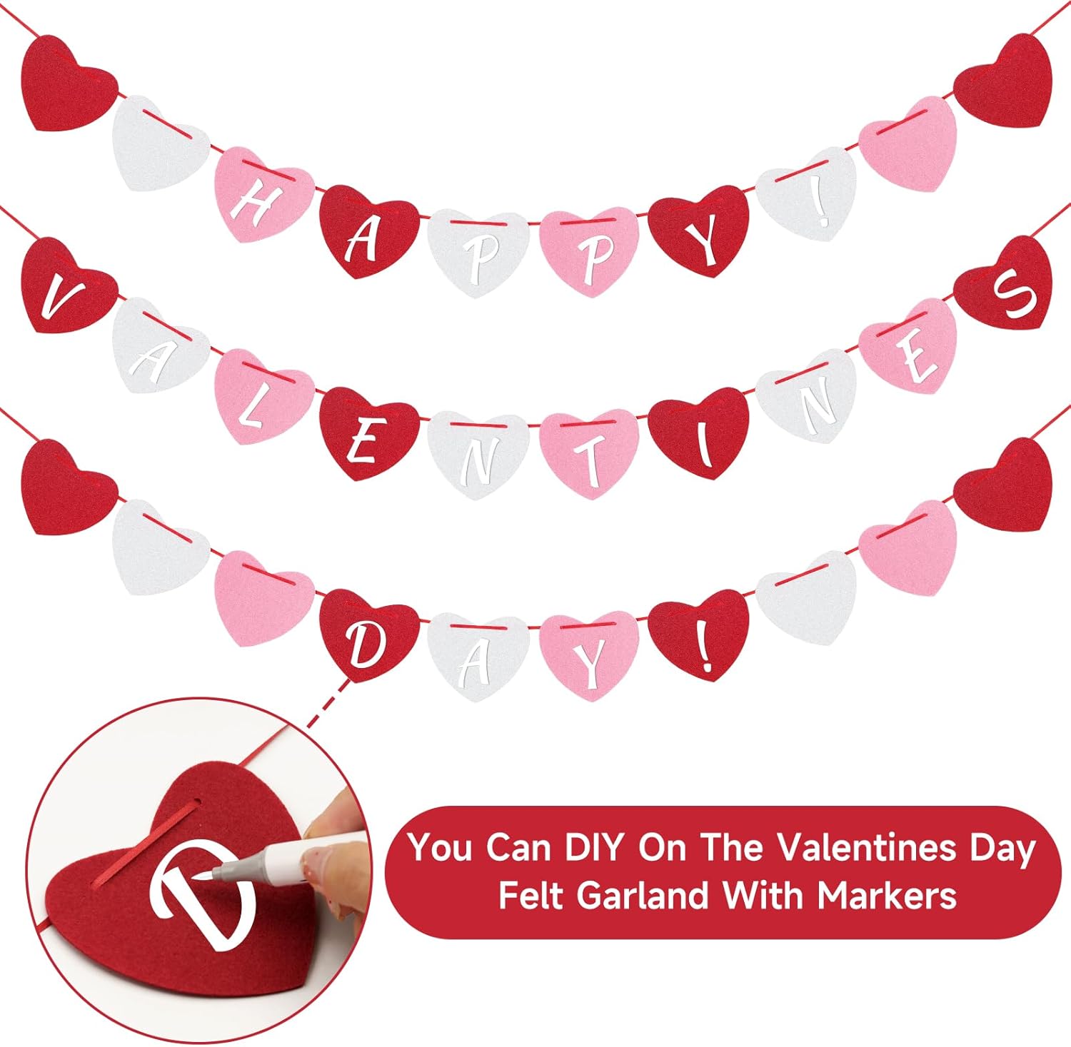 4Pack Heart Felt Garland - NO DIY Happy Valentines Day Decoration Red Pink White Felt Heart Hanging Garland Banner Galentines Day Decoration for Anniversary Birthday Wedding Party Decorations - Image 4