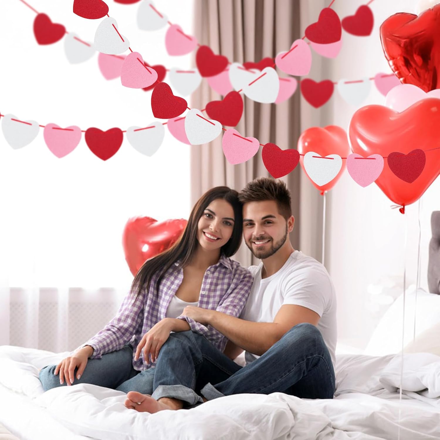4Pack Heart Felt Garland - NO DIY Happy Valentines Day Decoration Red Pink White Felt Heart Hanging Garland Banner Galentines Day Decoration for Anniversary Birthday Wedding Party Decorations - Image 5