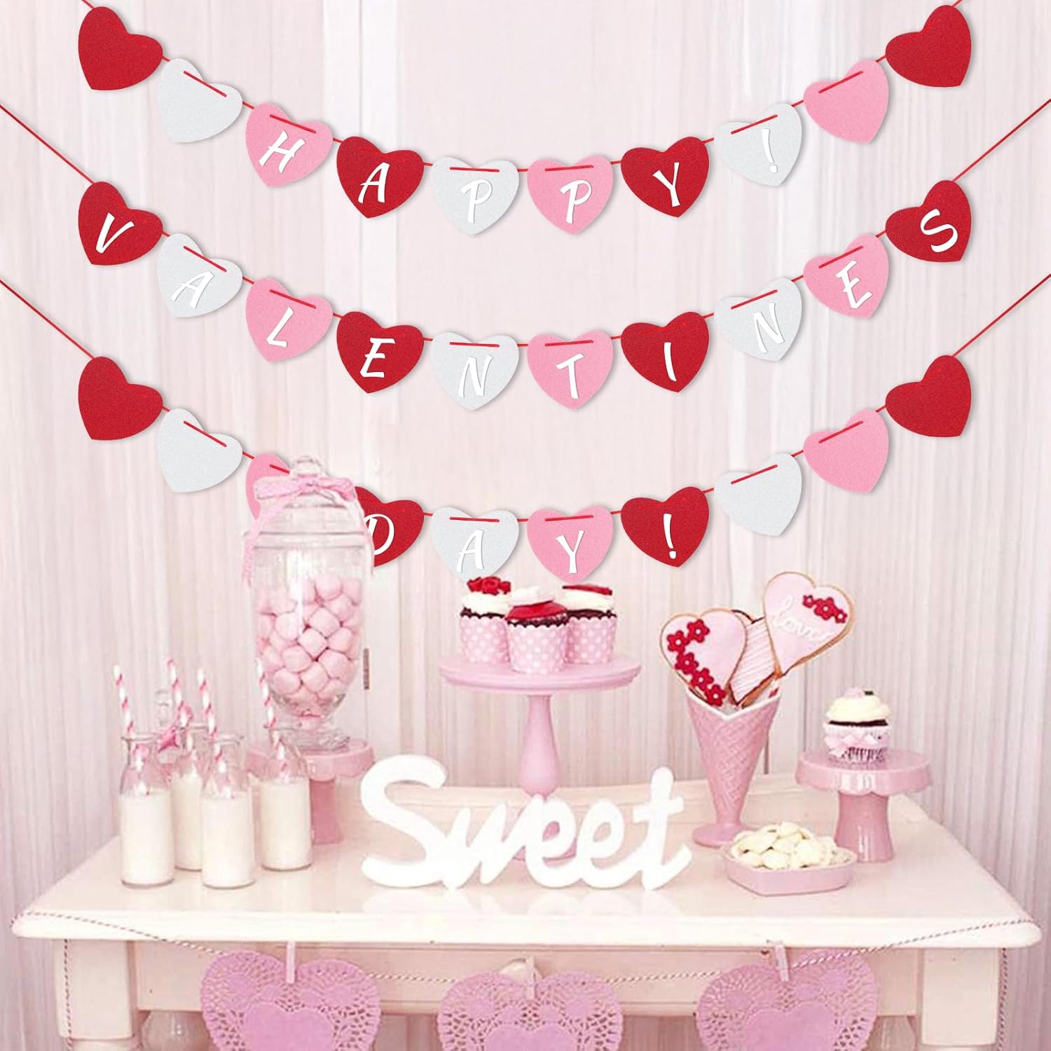 4Pack Heart Felt Garland - NO DIY Happy Valentines Day Decoration Red Pink White Felt Heart Hanging Garland Banner Galentines Day Decoration for Anniversary Birthday Wedding Party Decorations - Image 7