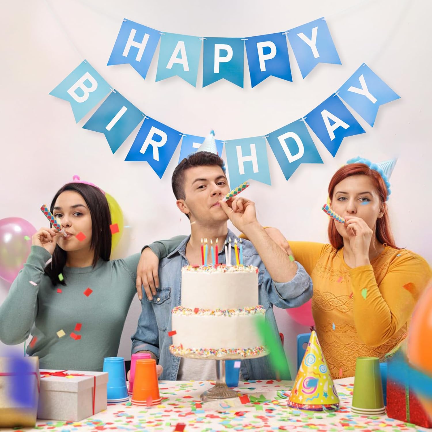Happy Birthday Banner Large - NO DIY Blue Happy Birthdays Banner Sign Happy Birthday Party Paper Hang Decoration Happy Birthdays Banners Bunting for Men Boy Sea Theme Celebration Party Backdrop - Image 6