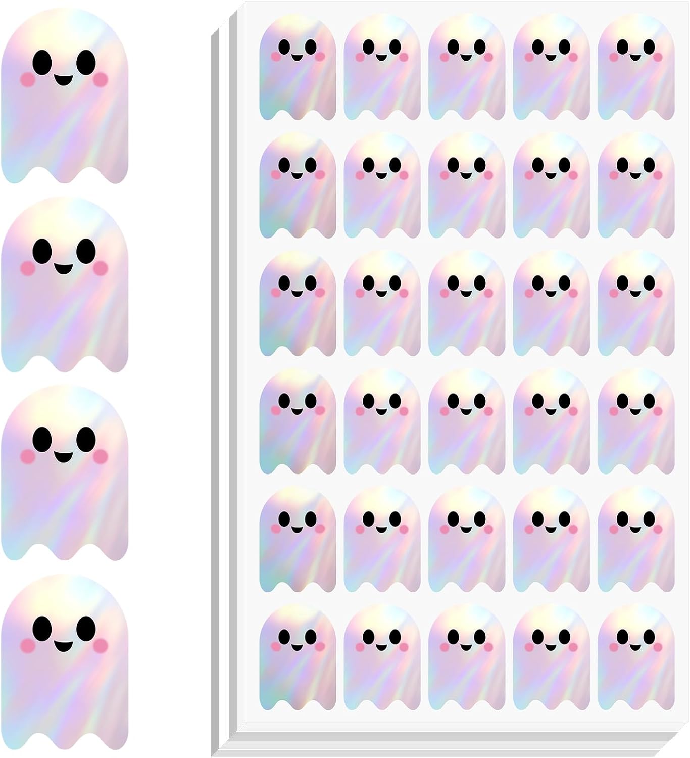 600Pcs Halloween Ghost Stickers - Cute Halloween Stickers Holographic Happy Halloweens Party Favor Sticker Self Adhesive Ghost Face Label Sticker for Envelope Seal Card Halloweens Decor - Image 1