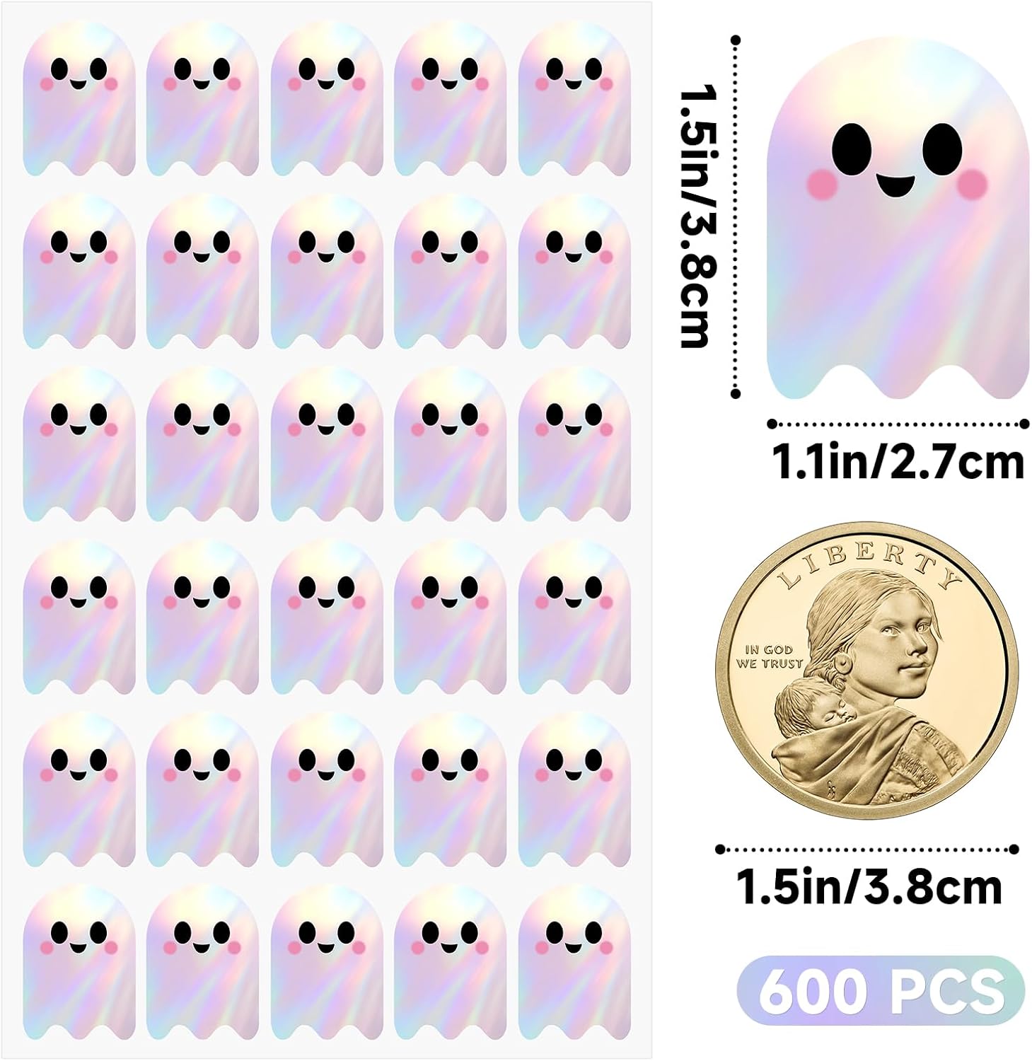 600Pcs Halloween Ghost Stickers - Cute Halloween Stickers Holographic Happy Halloweens Party Favor Sticker Self Adhesive Ghost Face Label Sticker for Envelope Seal Card Halloweens Decor - Image 2