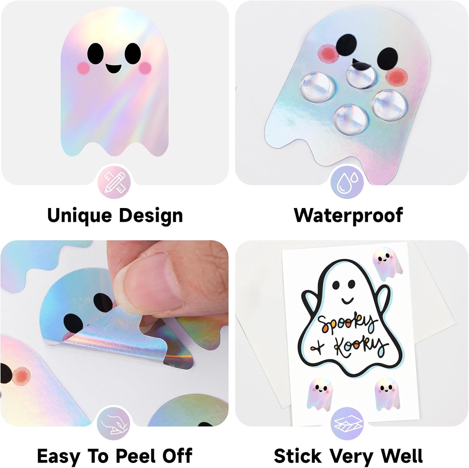 600Pcs Halloween Ghost Stickers - Cute Halloween Stickers Holographic Happy Halloweens Party Favor Sticker Self Adhesive Ghost Face Label Sticker for Envelope Seal Card Halloweens Decor - Image 3
