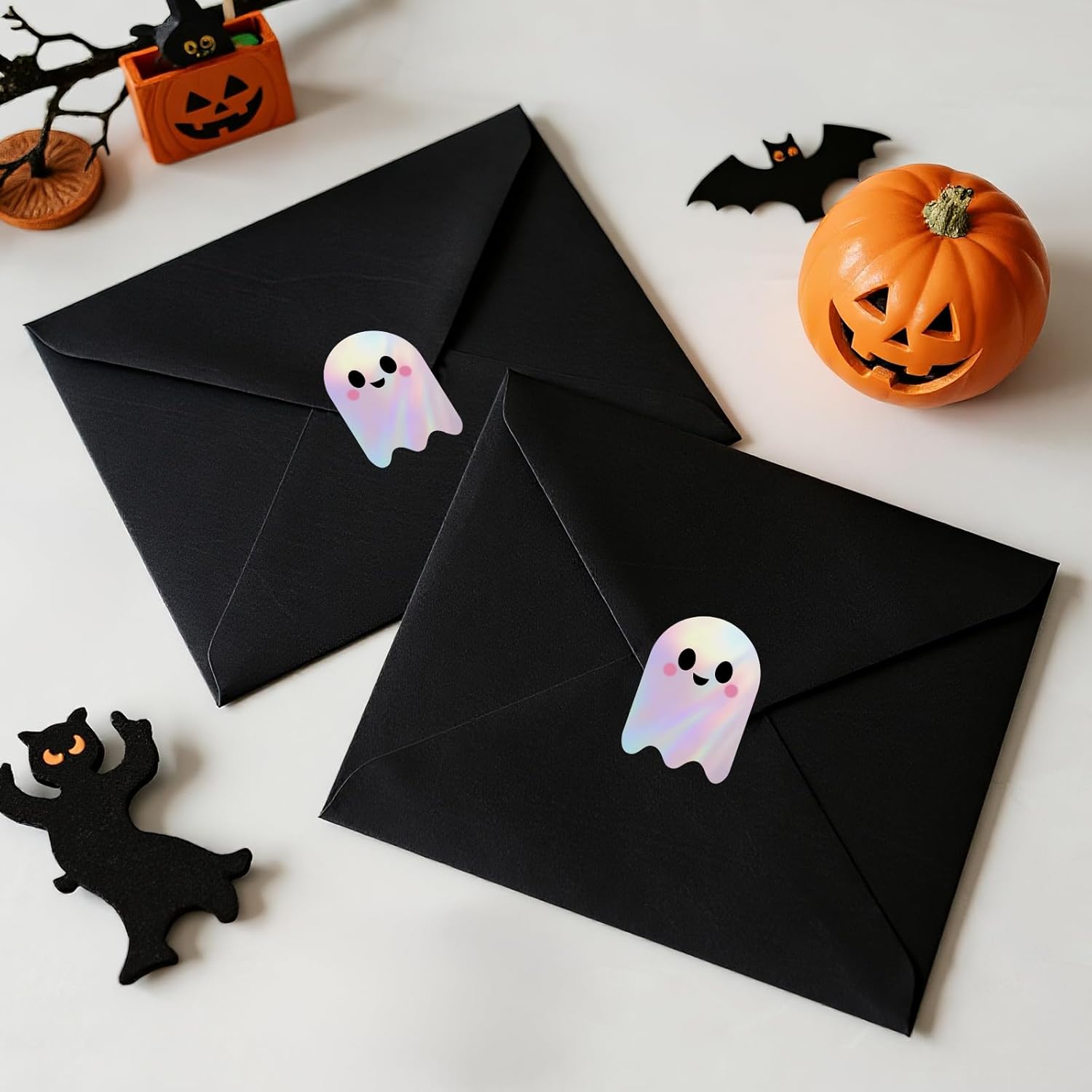 600Pcs Halloween Ghost Stickers - Cute Halloween Stickers Holographic Happy Halloweens Party Favor Sticker Self Adhesive Ghost Face Label Sticker for Envelope Seal Card Halloweens Decor - Image 8