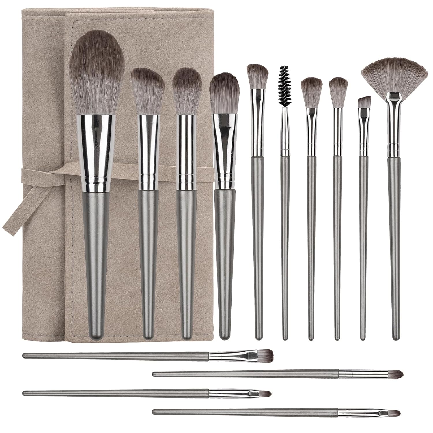 Makeup Brushes, 14 Pcs Professional Makeup Brush Set, Eye and Face Foundation Brush Set, Eyeshadow Brushes, Cosmetic Brushes, with PU Bag, Grayish - Image 1