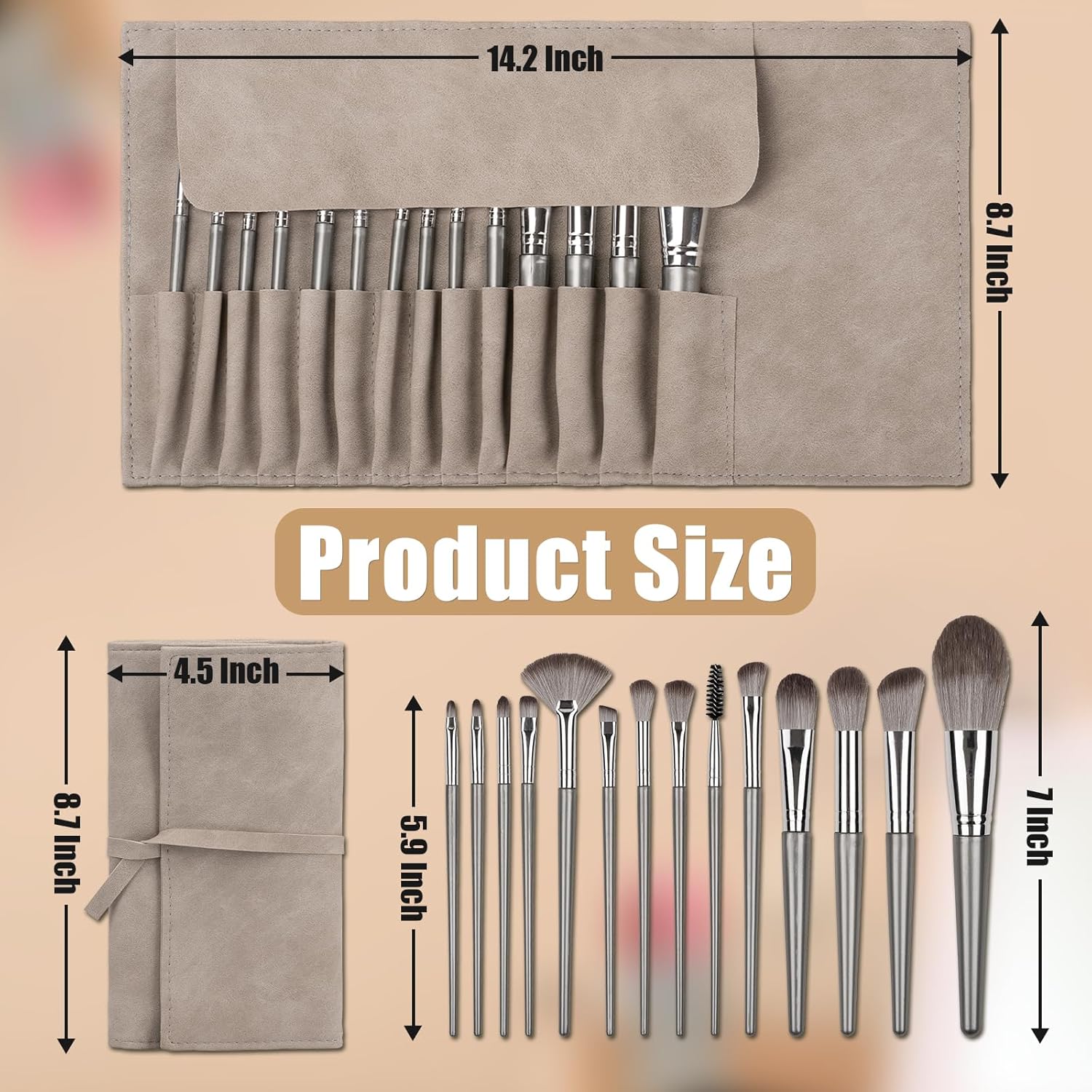 Makeup Brushes, 14 Pcs Professional Makeup Brush Set, Eye and Face Foundation Brush Set, Eyeshadow Brushes, Cosmetic Brushes, with PU Bag, Grayish - Image 2