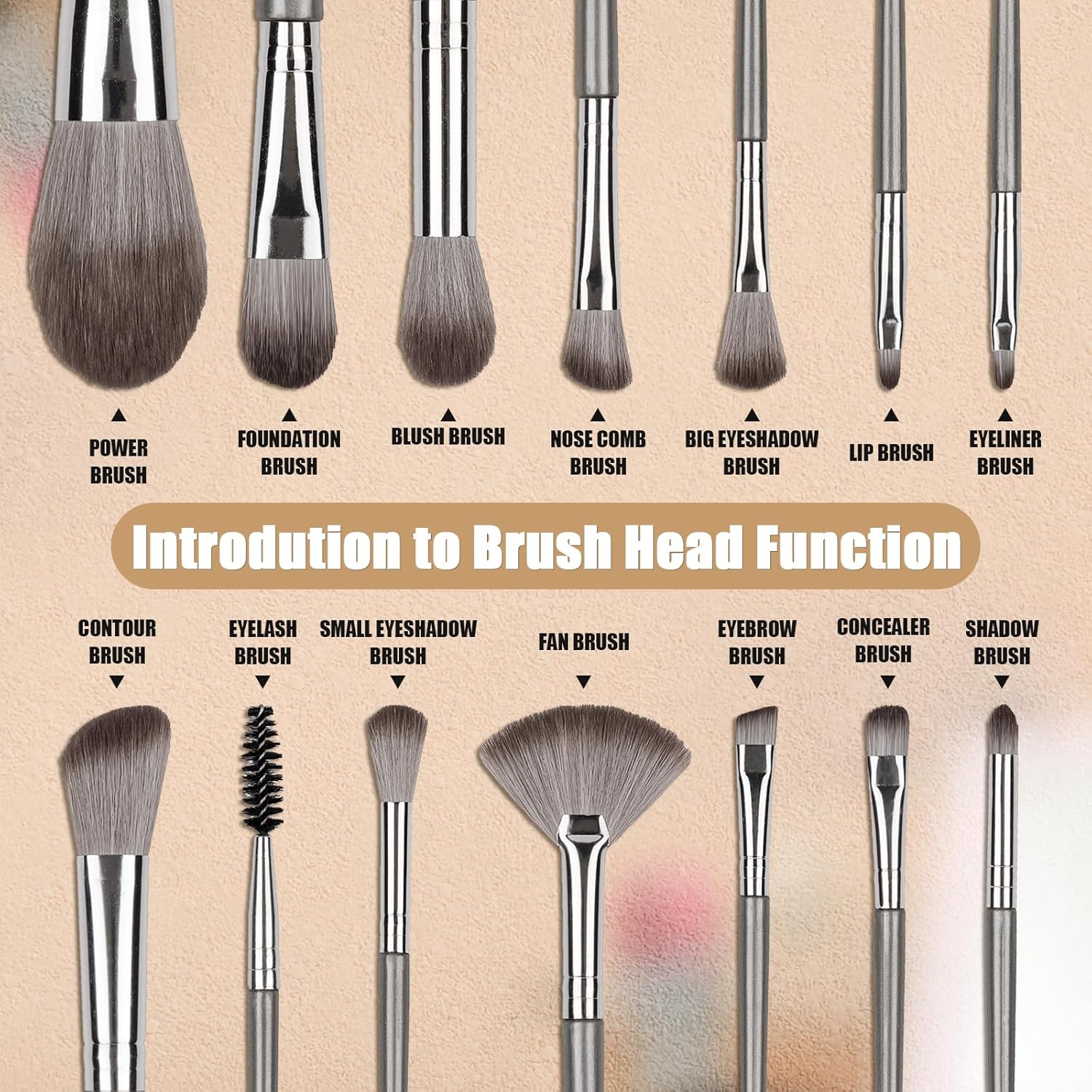 Makeup Brushes, 14 Pcs Professional Makeup Brush Set, Eye and Face Foundation Brush Set, Eyeshadow Brushes, Cosmetic Brushes, with PU Bag, Grayish - Image 3