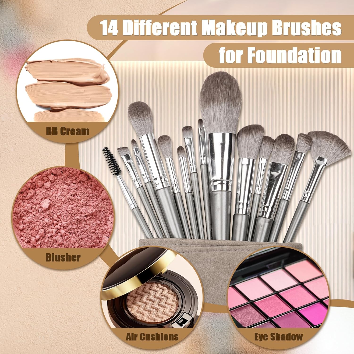 Makeup Brushes, 14 Pcs Professional Makeup Brush Set, Eye and Face Foundation Brush Set, Eyeshadow Brushes, Cosmetic Brushes, with PU Bag, Grayish - Image 4
