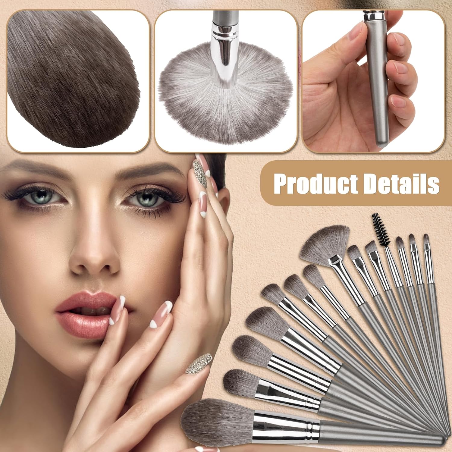 Makeup Brushes, 14 Pcs Professional Makeup Brush Set, Eye and Face Foundation Brush Set, Eyeshadow Brushes, Cosmetic Brushes, with PU Bag, Grayish - Image 5