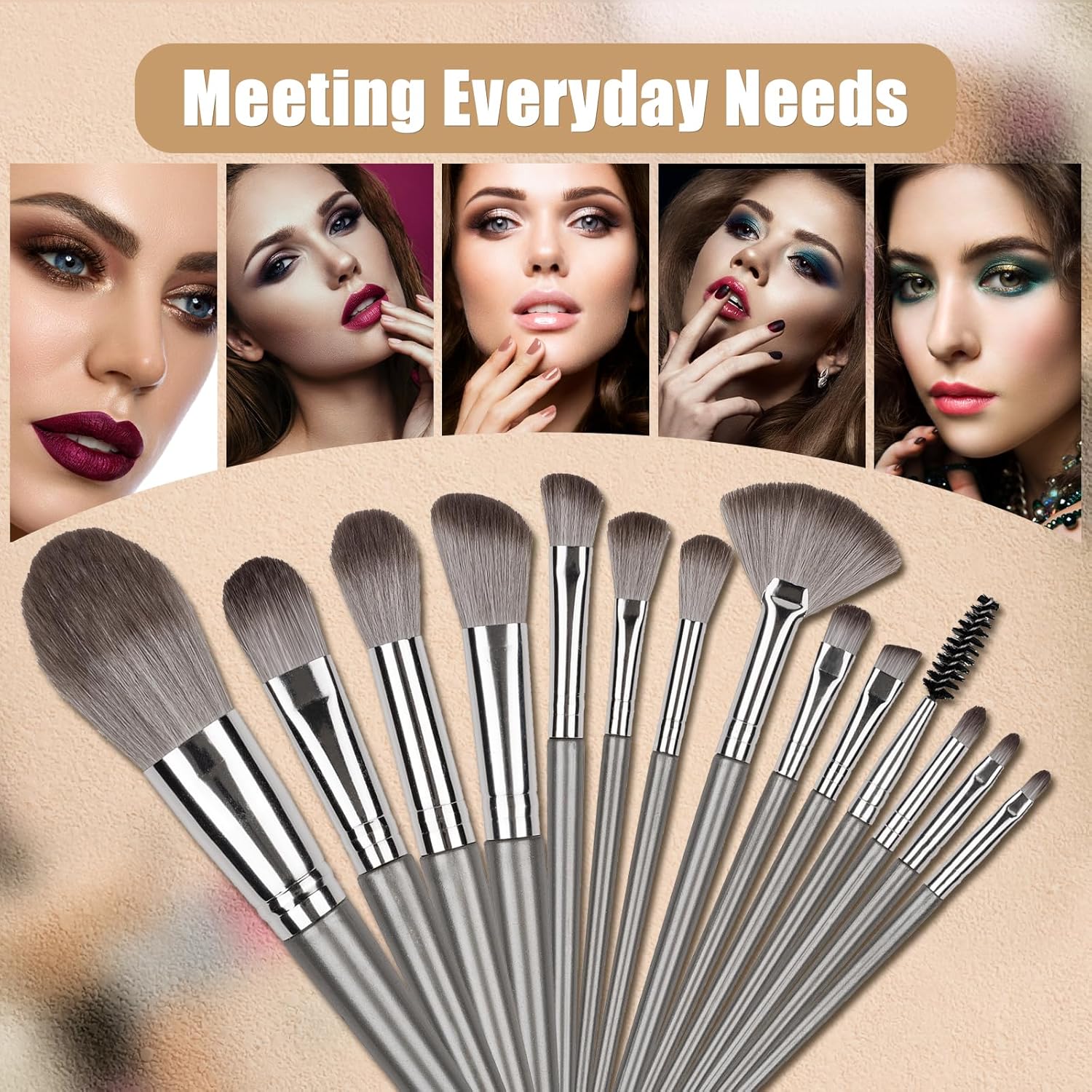 Makeup Brushes, 14 Pcs Professional Makeup Brush Set, Eye and Face Foundation Brush Set, Eyeshadow Brushes, Cosmetic Brushes, with PU Bag, Grayish - Image 6