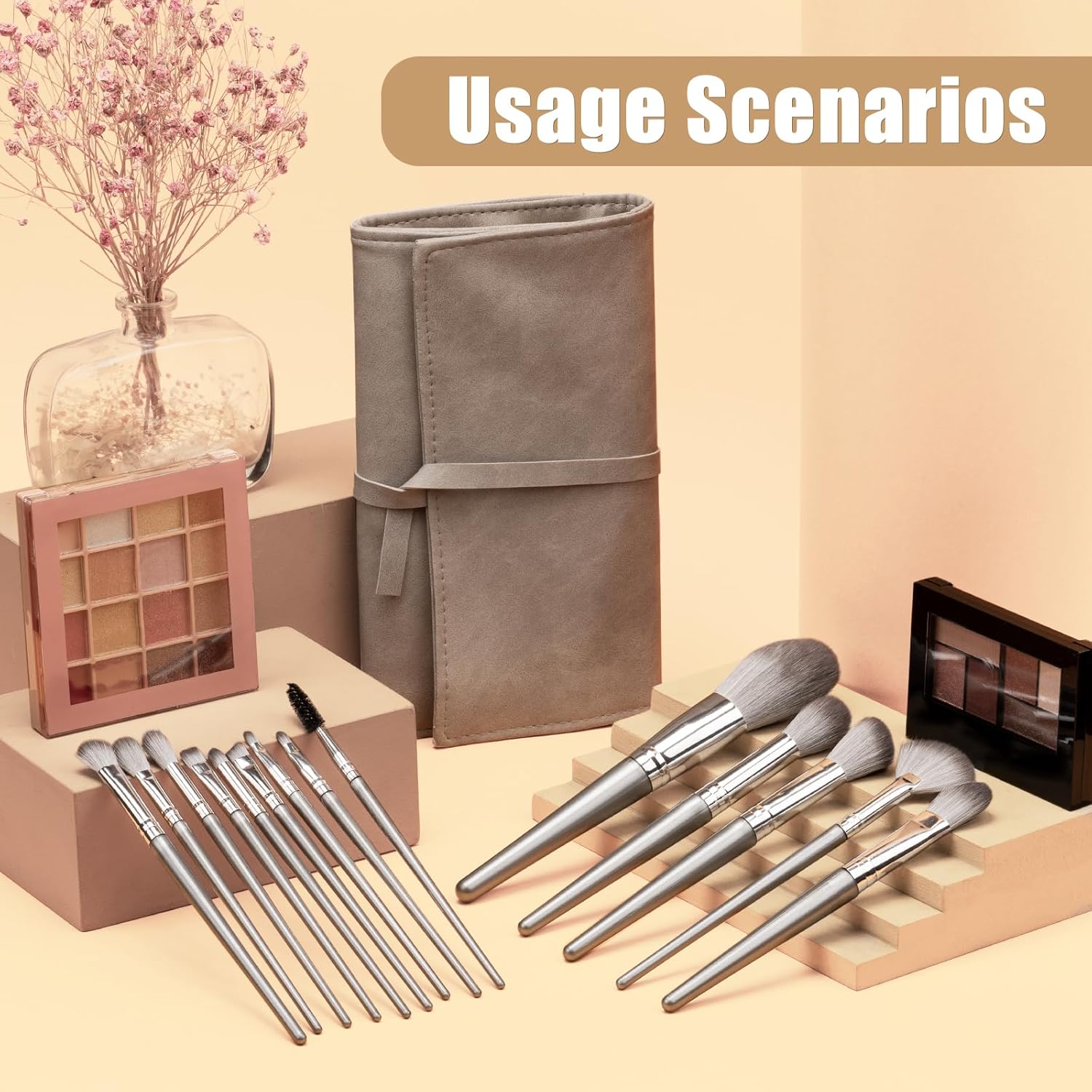 Makeup Brushes, 14 Pcs Professional Makeup Brush Set, Eye and Face Foundation Brush Set, Eyeshadow Brushes, Cosmetic Brushes, with PU Bag, Grayish - Image 7