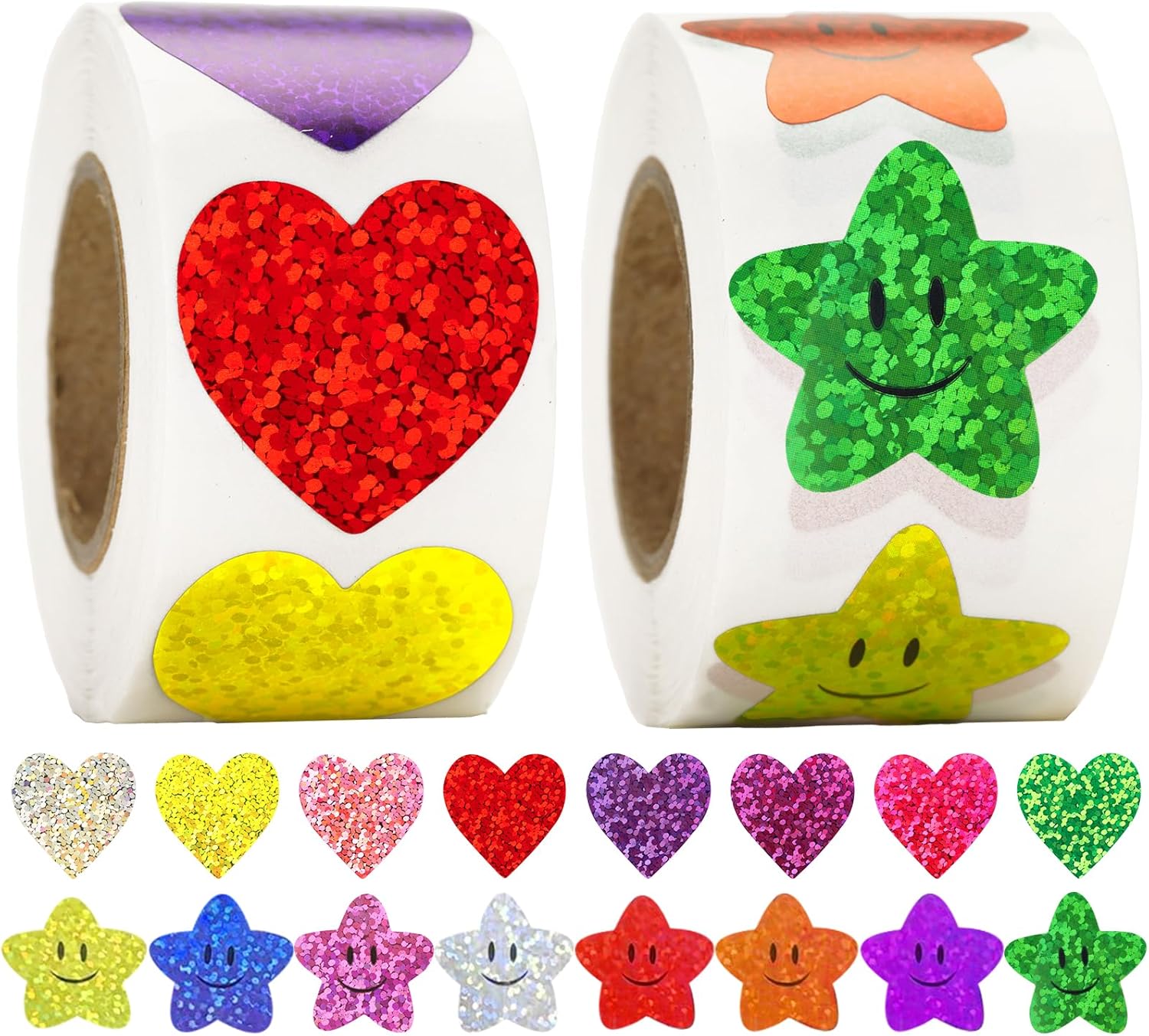 Heart Stickers Star Stickers - 1000Pcs 1Inch Glitter Heart Sticker and Smiley Face Star Sticker for Kids Reward Teacher Classroom Crats DIY Envelope Seal Card Gift Wrapping - Image 1