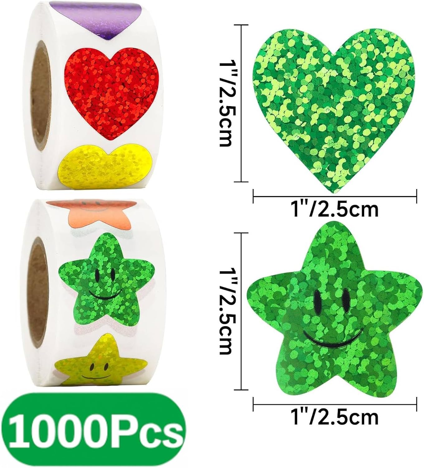Heart Stickers Star Stickers - 1000Pcs 1Inch Glitter Heart Sticker and Smiley Face Star Sticker for Kids Reward Teacher Classroom Crats DIY Envelope Seal Card Gift Wrapping - Image 2