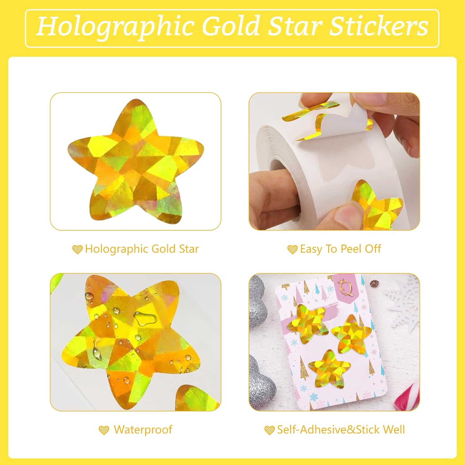 Holographic Gold Star Stickers for Kids Reward - 500Pcs 1.5Inch Shiny Self-Adhesive Metallic Glitter Foil Stickers for DIY, Homework, School, Classroom, Teacher Supply - Image 3