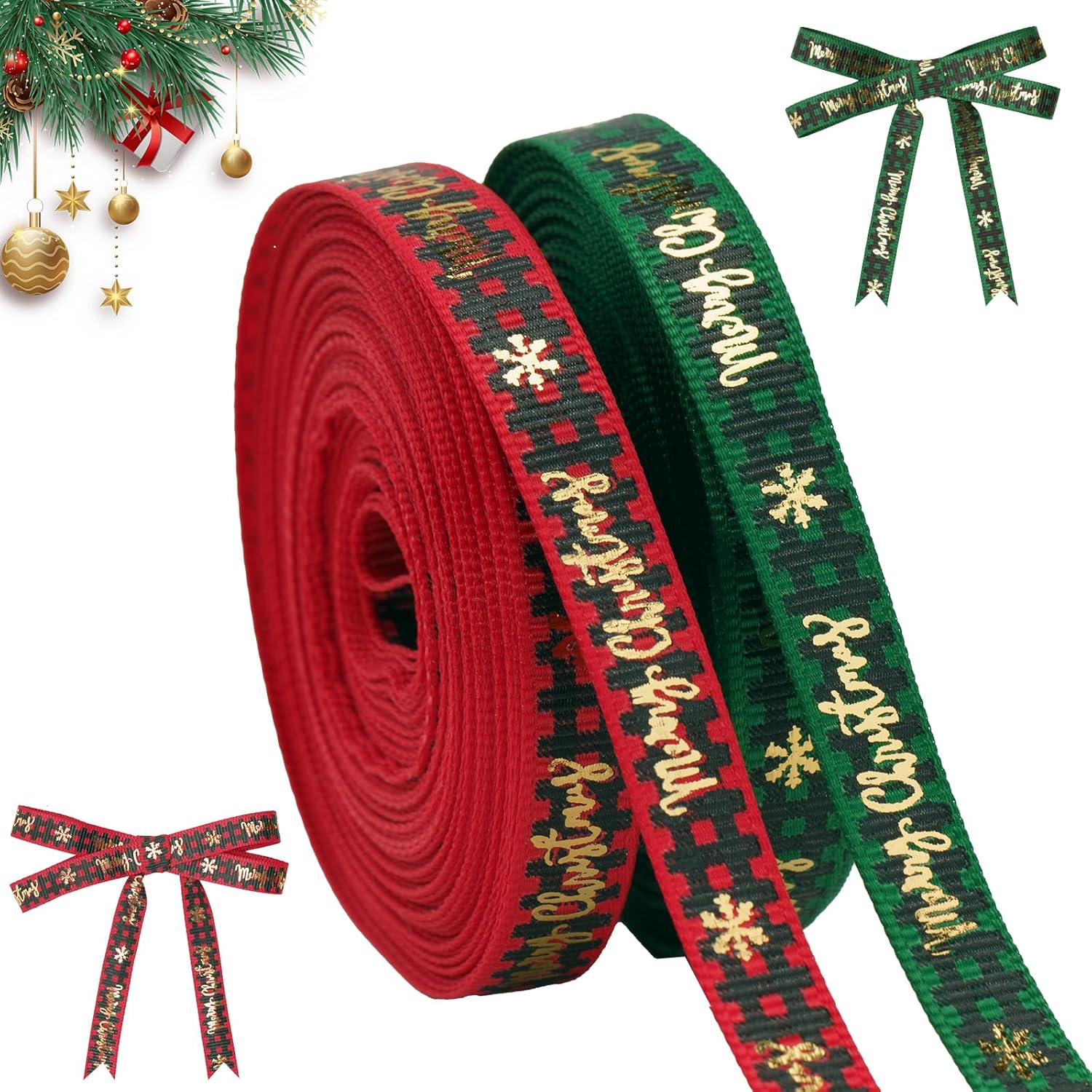 Christmas Ribbon, 3/8 Inch, 20 Yard, Red and Green Merry Wrapping Ribbon for Craft Wreath Decor Bow Flower Bouquet (2 Roll) - Image 1