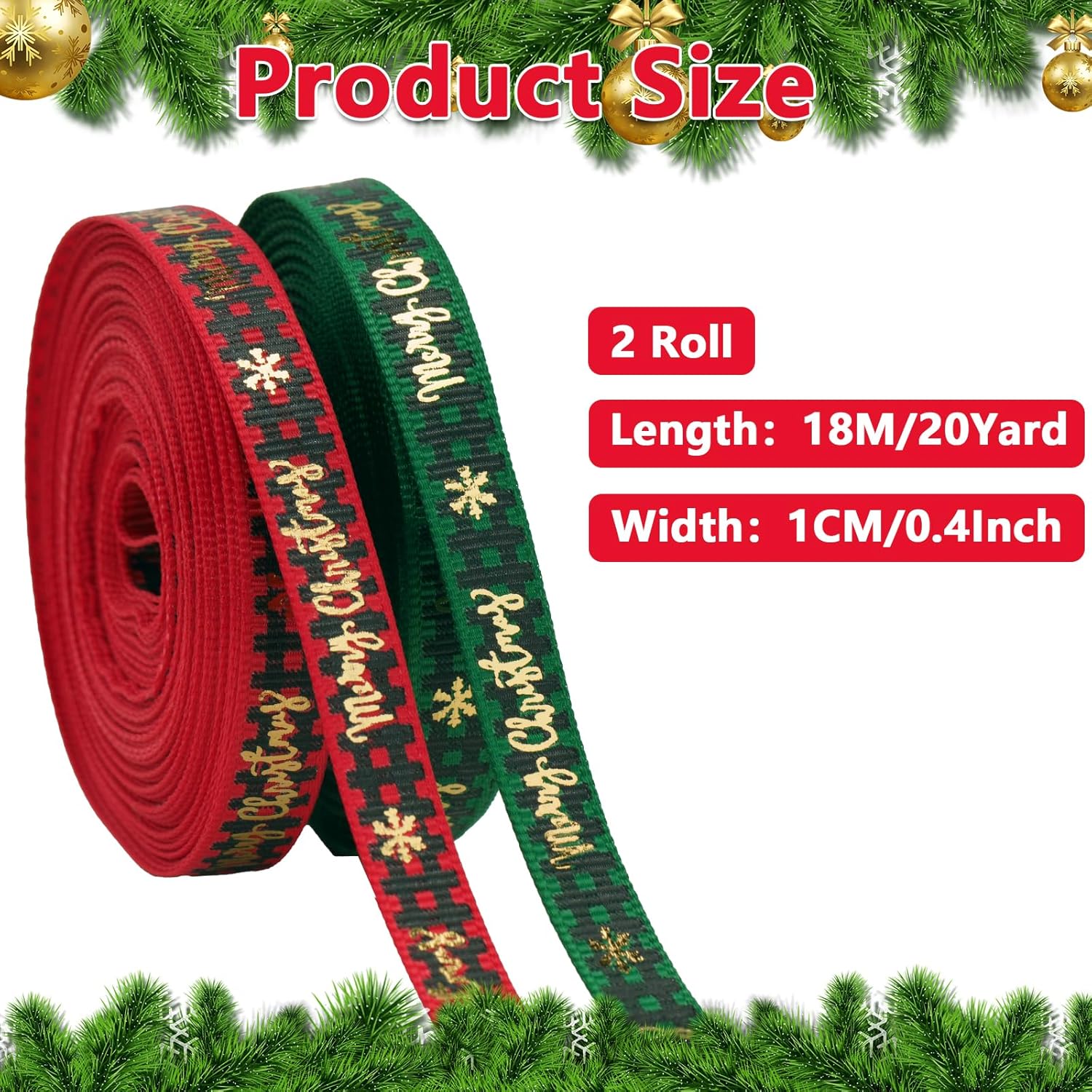 Christmas Ribbon, 3/8 Inch, 20 Yard, Red and Green Merry Wrapping Ribbon for Craft Wreath Decor Bow Flower Bouquet (2 Roll) - Image 2