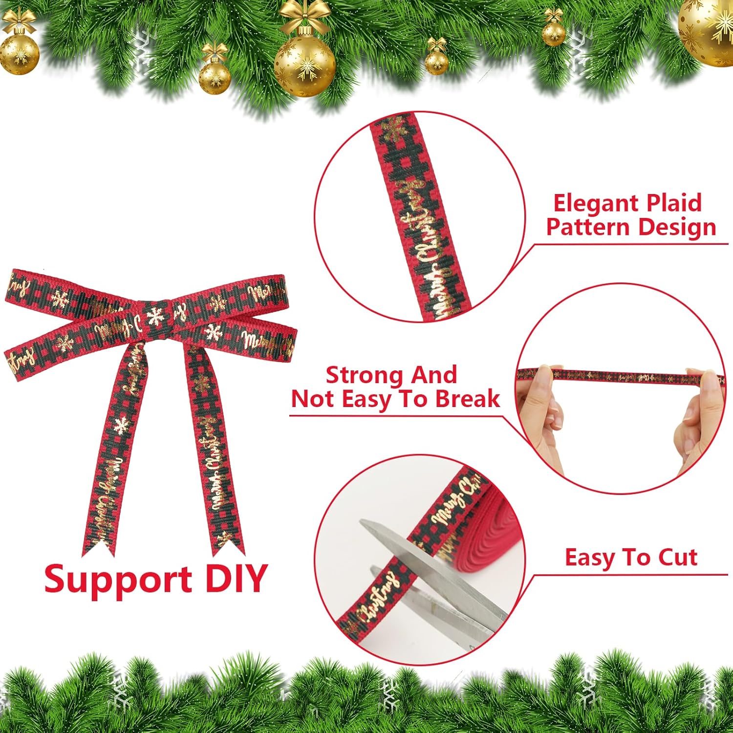 Christmas Ribbon, 3/8 Inch, 20 Yard, Red and Green Merry Wrapping Ribbon for Craft Wreath Decor Bow Flower Bouquet (2 Roll) - Image 3