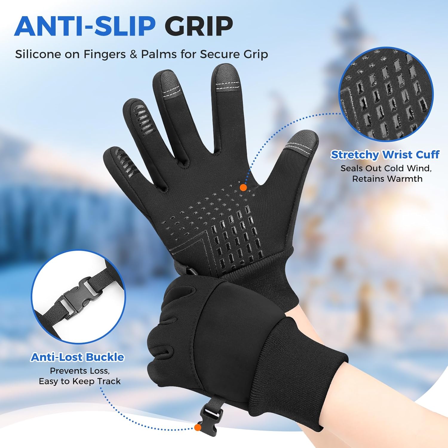 Kids Winter Gloves Windproof Water-Resistant Thermal Touchscreen Anti-slip Cold Weather for Girl Boy, Black - Image 6