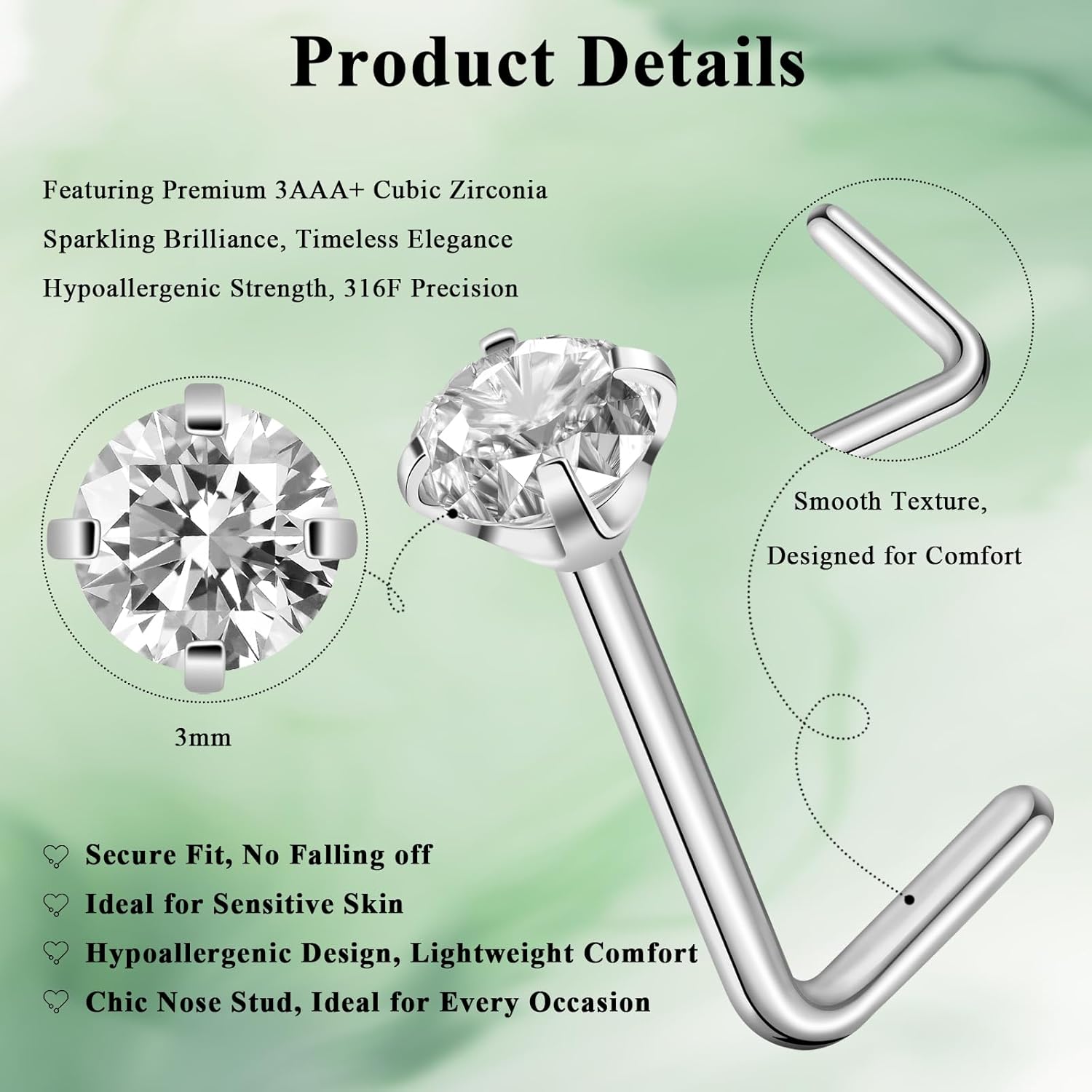 Nose Rings, Titanium Steel Nose Piercings Stud Jewelry for Women Men Cubic Zircia Imitati Diamd - Image 3