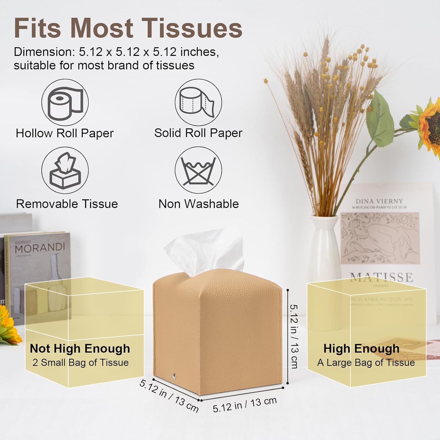 2 Pcs Square Cream Tissue Box Cover PU Leather Decorative Tissue Organizer Dispenser Holder for Bathroom, Desk, Home, Car, Office, 5.12