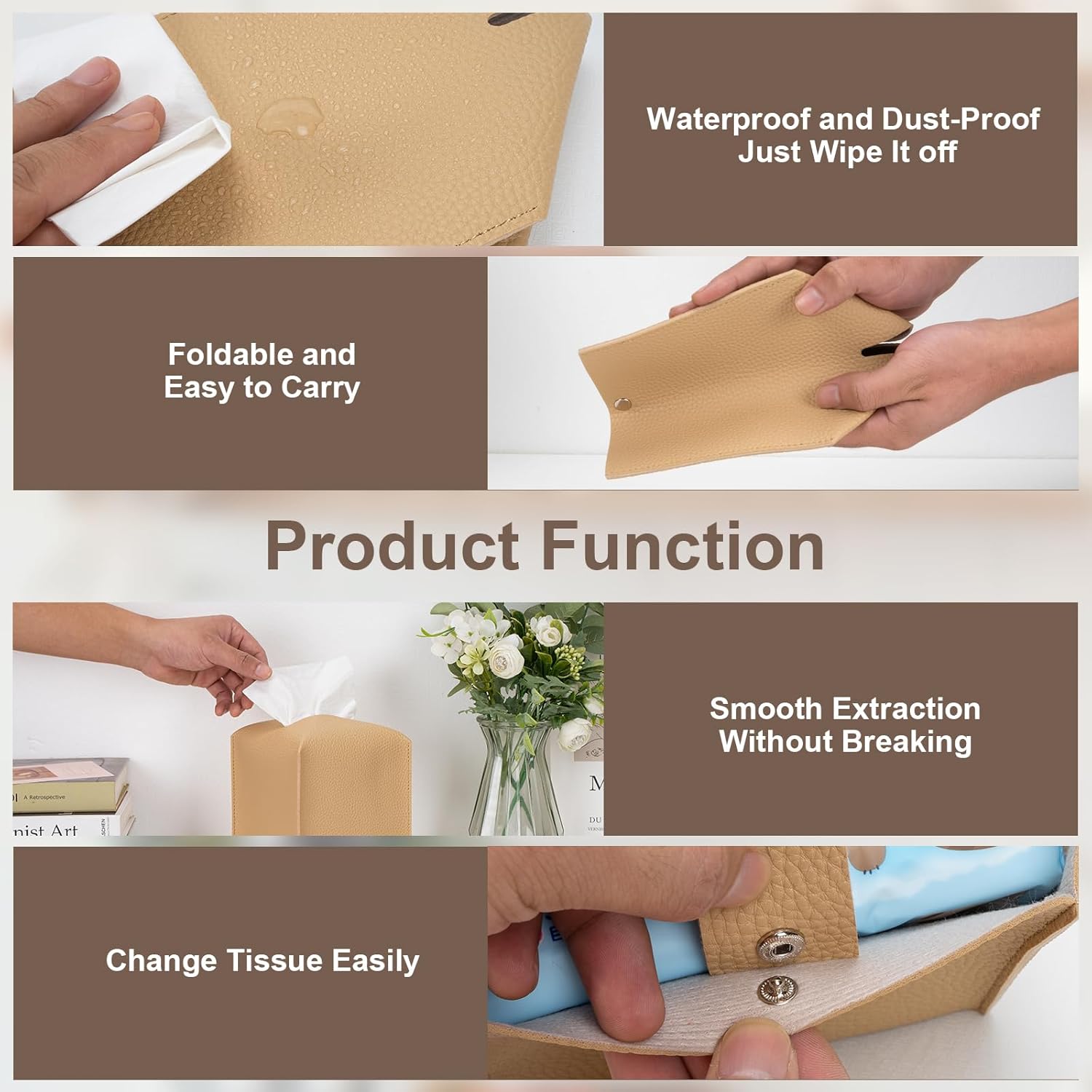 2 Pcs Square Cream Tissue Box Cover PU Leather Decorative Tissue Organizer Dispenser Holder for Bathroom, Desk, Home, Car, Office, 5.12