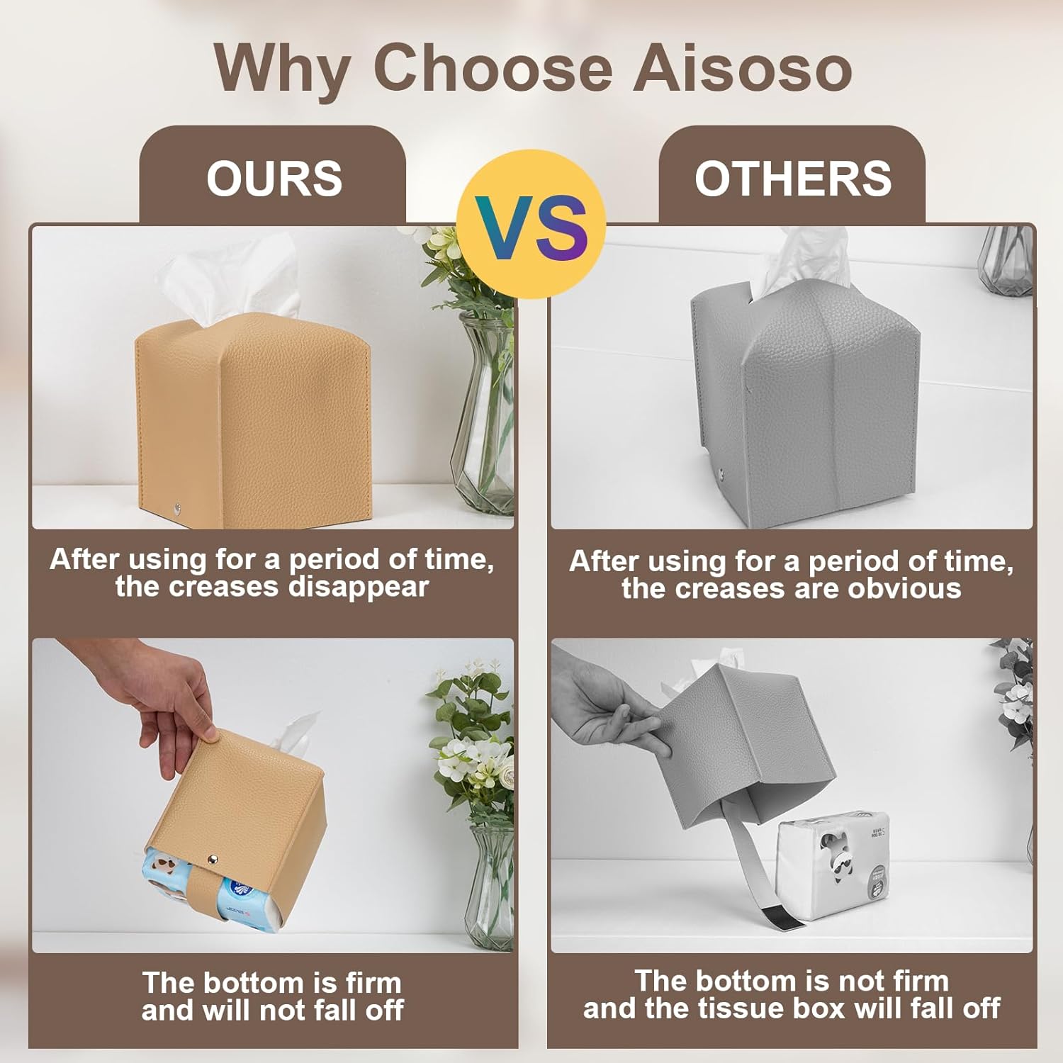 2 Pcs Square Cream Tissue Box Cover PU Leather Decorative Tissue Organizer Dispenser Holder for Bathroom, Desk, Home, Car, Office, 5.12
