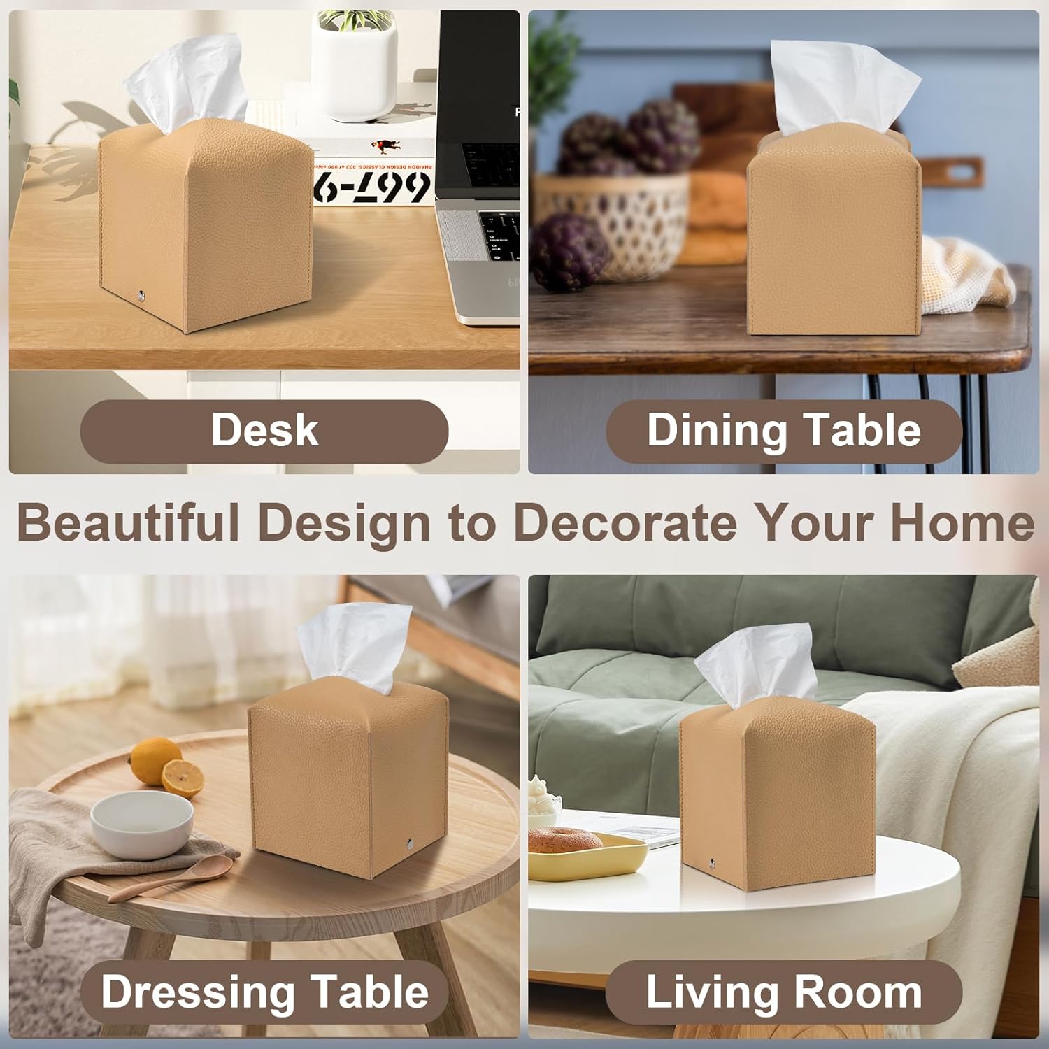 2 Pcs Square Cream Tissue Box Cover PU Leather Decorative Tissue Organizer Dispenser Holder for Bathroom, Desk, Home, Car, Office, 5.12