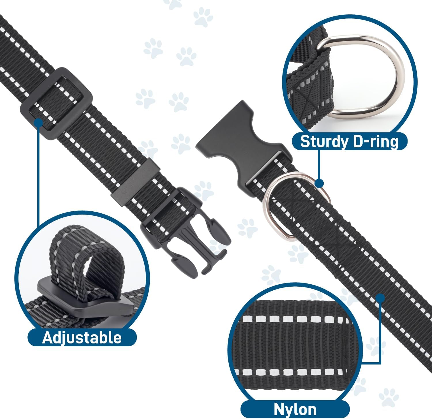 Dog Collar for Small Medium Dogs with Buckle, Breathable Adjustable Nyl Reflective Dog Collars, Black/Small - Image 3
