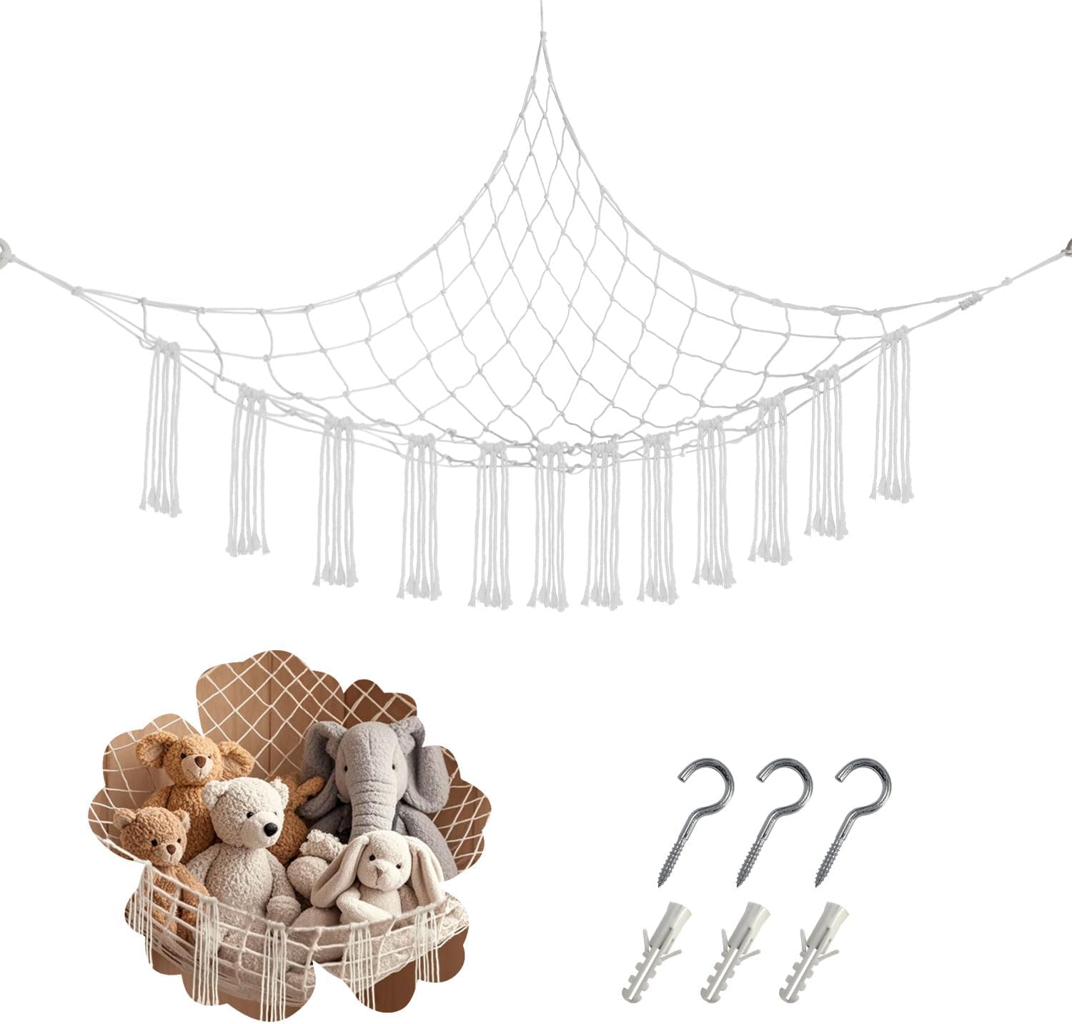 59 x 47 inches Stuffed Animal Hammock Corner Net, Plushie Net for Stuffed Animals Corner Large, Cott Hammock Holder for Home, Room, Wall, Bedroom Decor (White) - Image 1